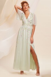 Love & Roses Green Embellished Chiffon Flutter Sleeve Maxi Dress - Image 4 of 4