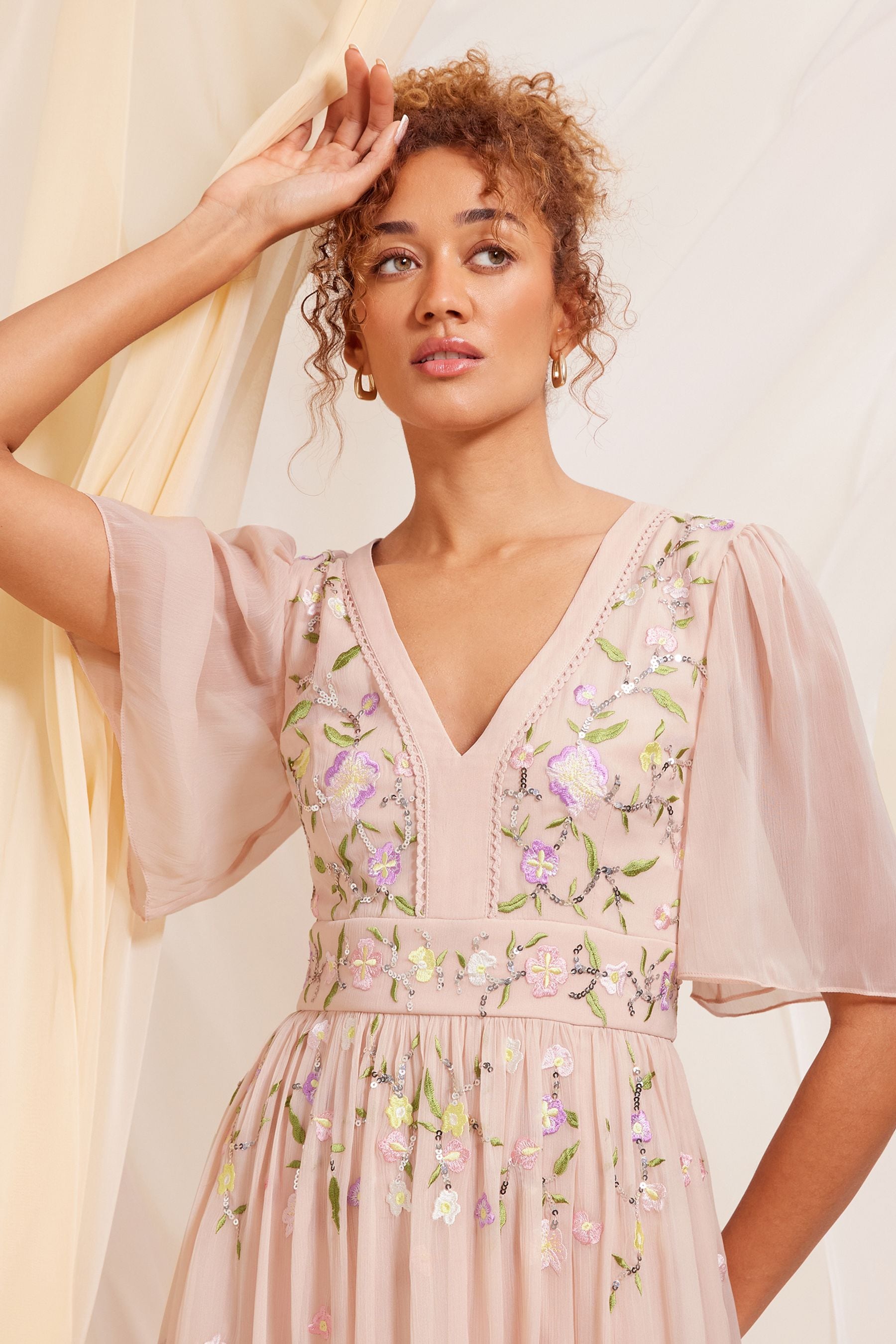 Buy Love Roses Pink Embellished Chiffon Flutter Sleeve Maxi Dress from the Next UK online shop