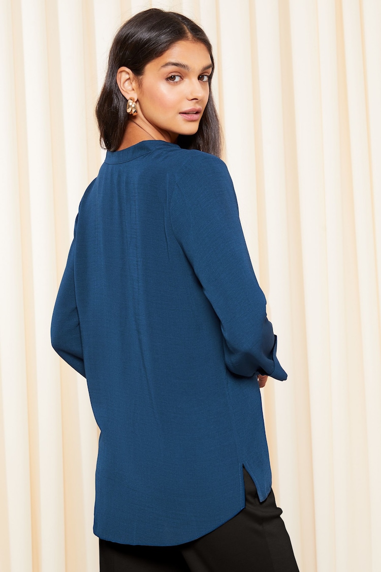 Friends Like These Navy Blue Grandad Collar V Neck 3/4 Length Sleeve Button Blouse - Image 4 of 4