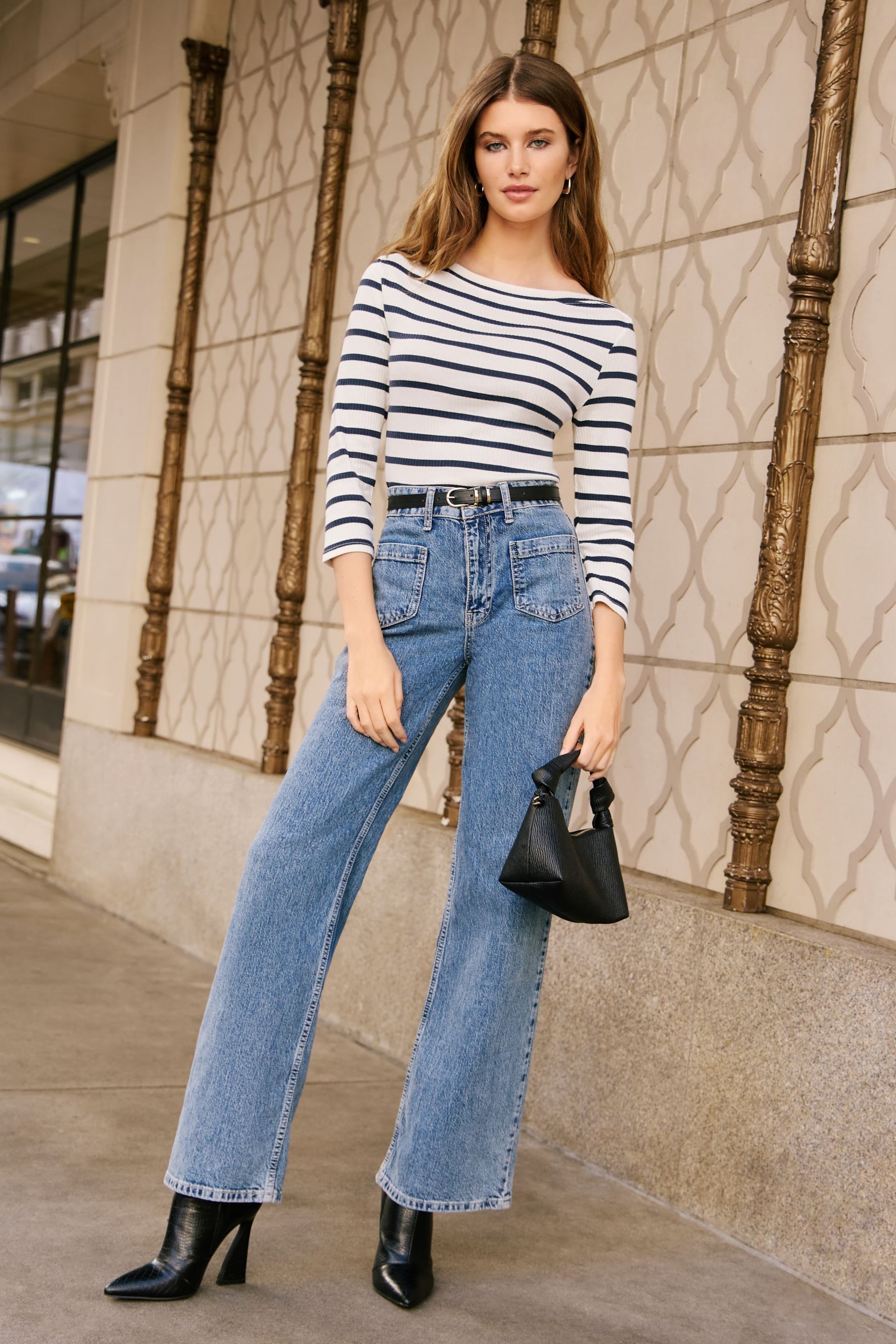 Friends Like These Navy Blue Stripe 3/4 Sleeve Ribbed Boat Neck Jersey T-Shirt - Image 4 of 4