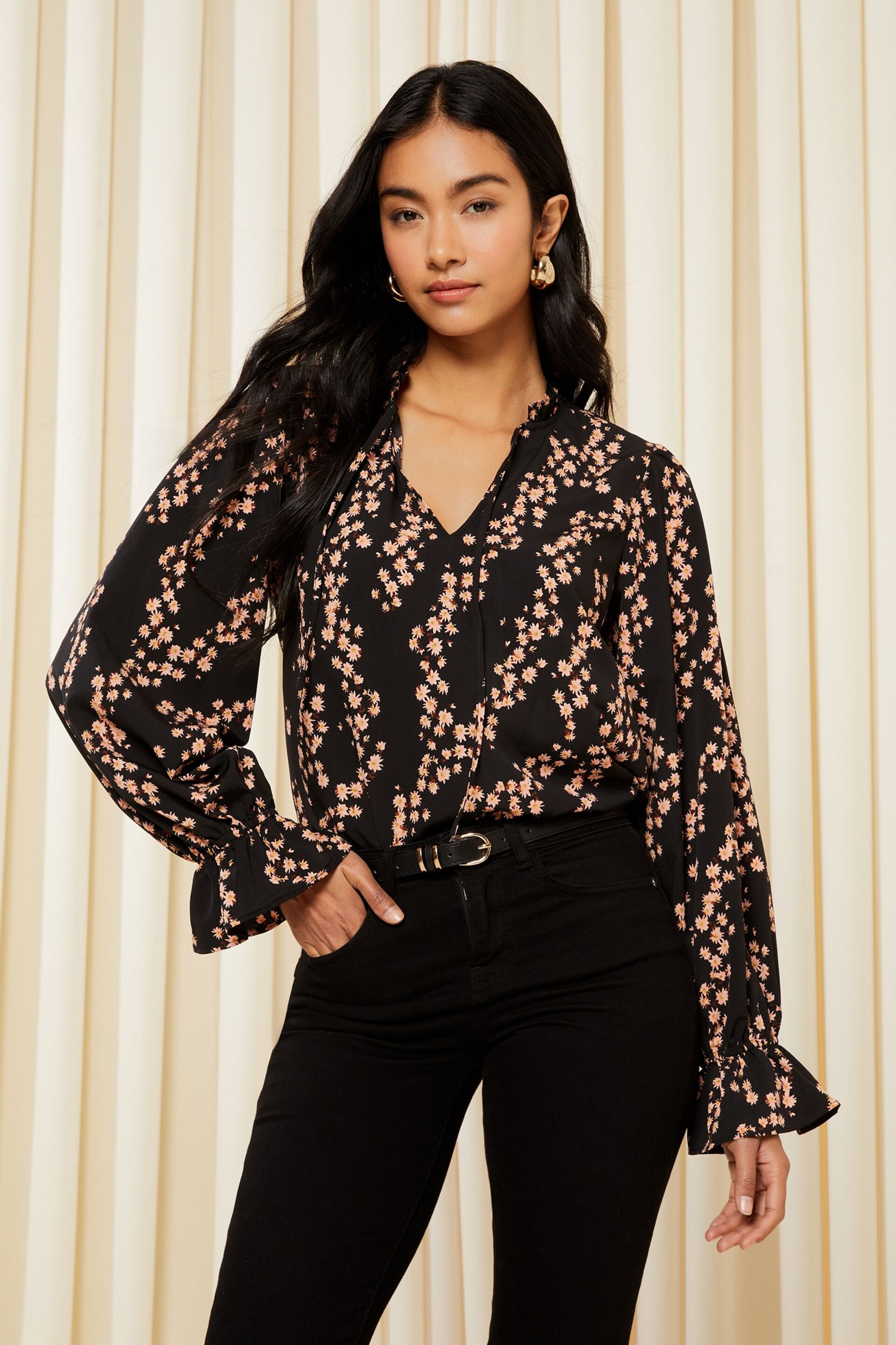 Friends Like These Black Floral Long Sleeve Tie Neck Blouse - Image 1 of 4