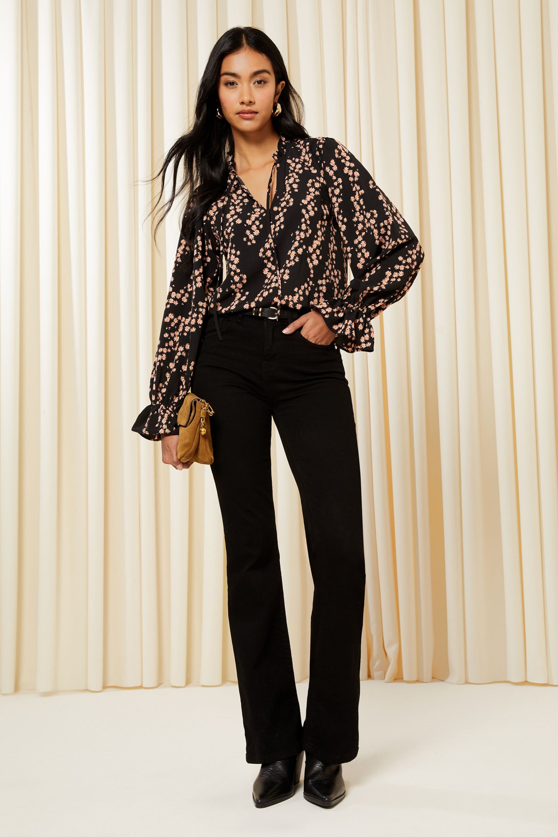 Friends Like These Black Floral Long Sleeve Tie Neck Blouse - Image 2 of 4