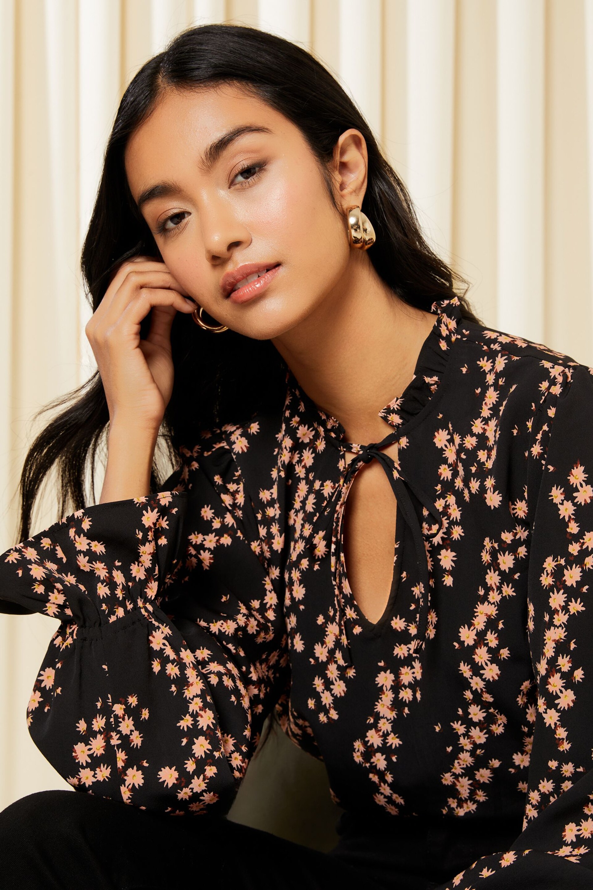 Friends Like These Black Floral Long Sleeve Tie Neck Blouse - Image 4 of 4