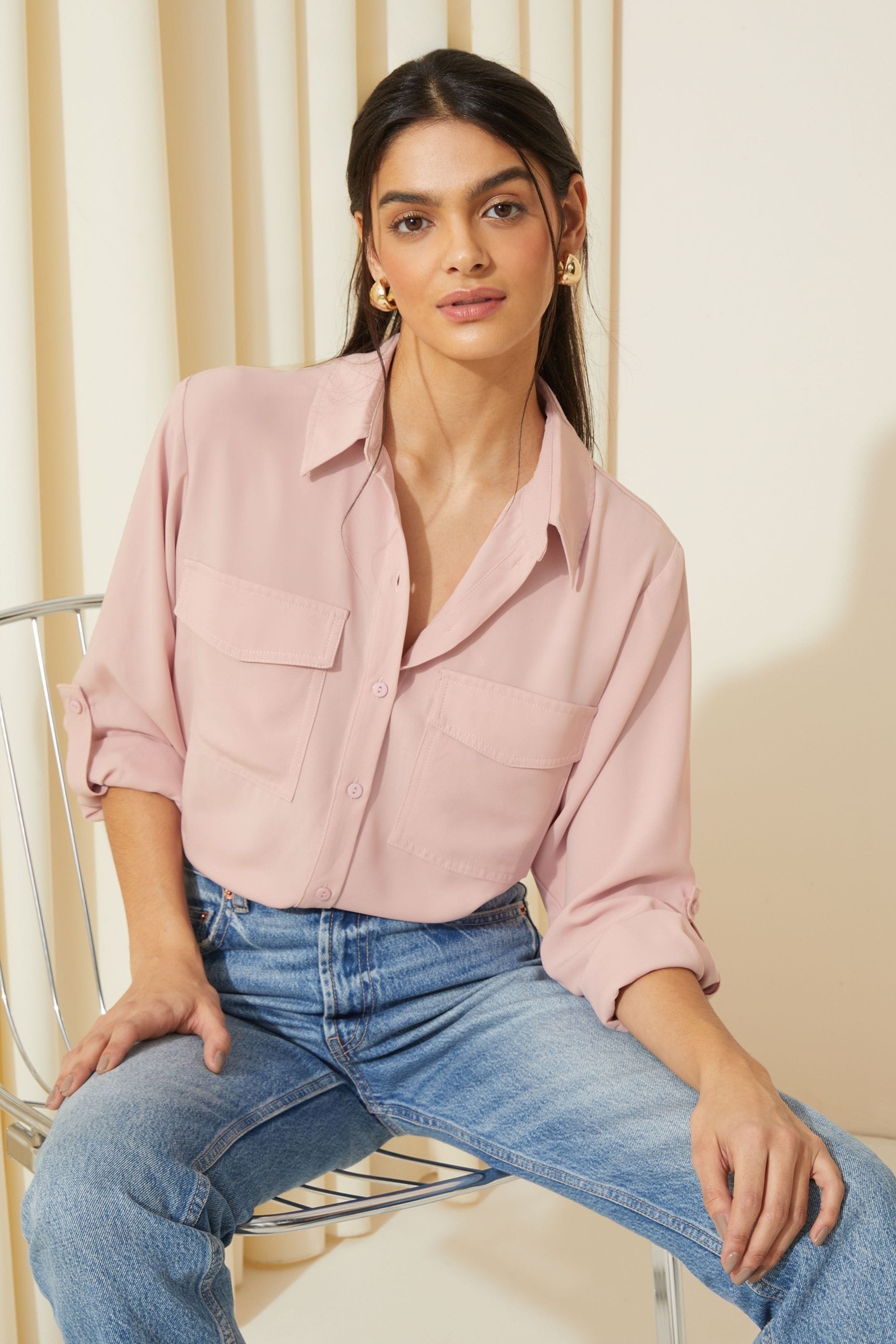 Buy Friends Like These Pink Long Sleeve Utility Style Button Through Shirt from the Next UK online shop
