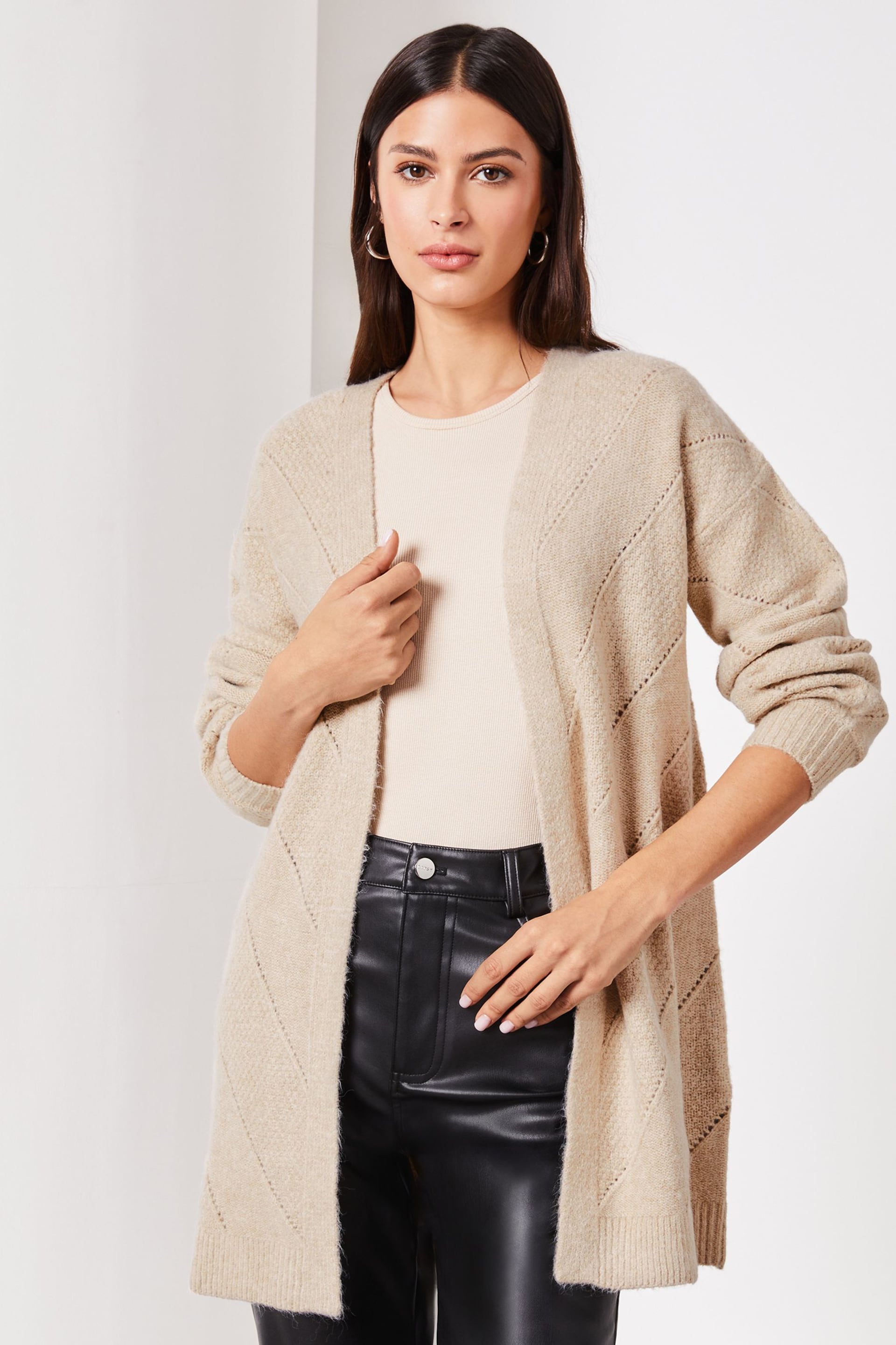 Lipsy Neutral Long Sleeve Pointelle Knitted Cardigan - Image 1 of 4