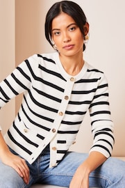 Lipsy Ivory White and Black Knitted Stripe Button Through Cardigan - Image 1 of 4