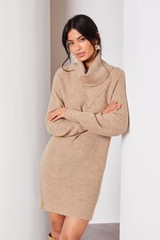Lipsy Neutral Long Sleeve Cowl Neck Knitted Jumper Dress - Image 1 of 4