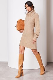 Lipsy Neutral Long Sleeve Cowl Neck Knitted Jumper Dress - Image 2 of 4