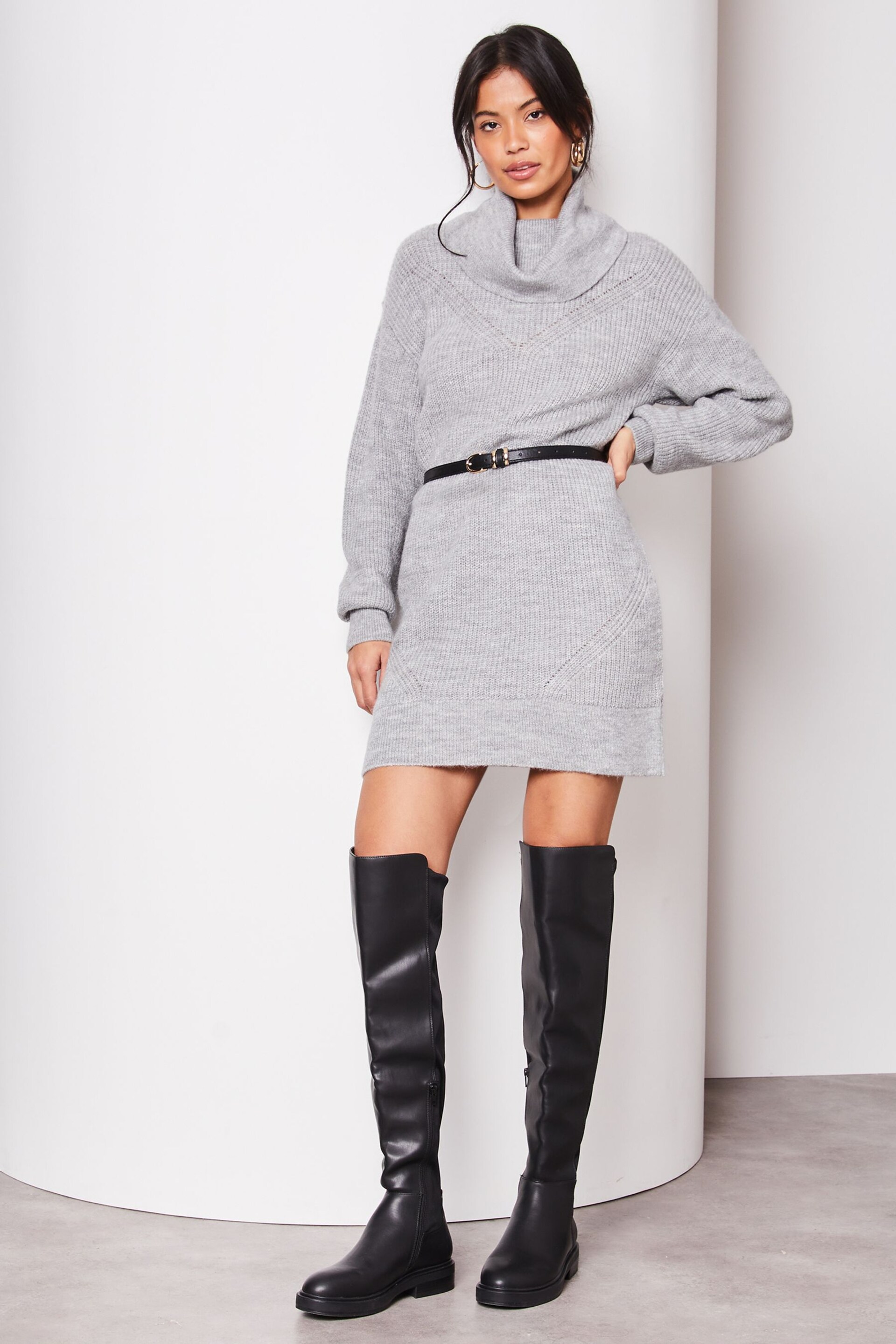 Lipsy Grey Long Sleeve Cowl Neck Knitted Jumper Dress - Image 3 of 4