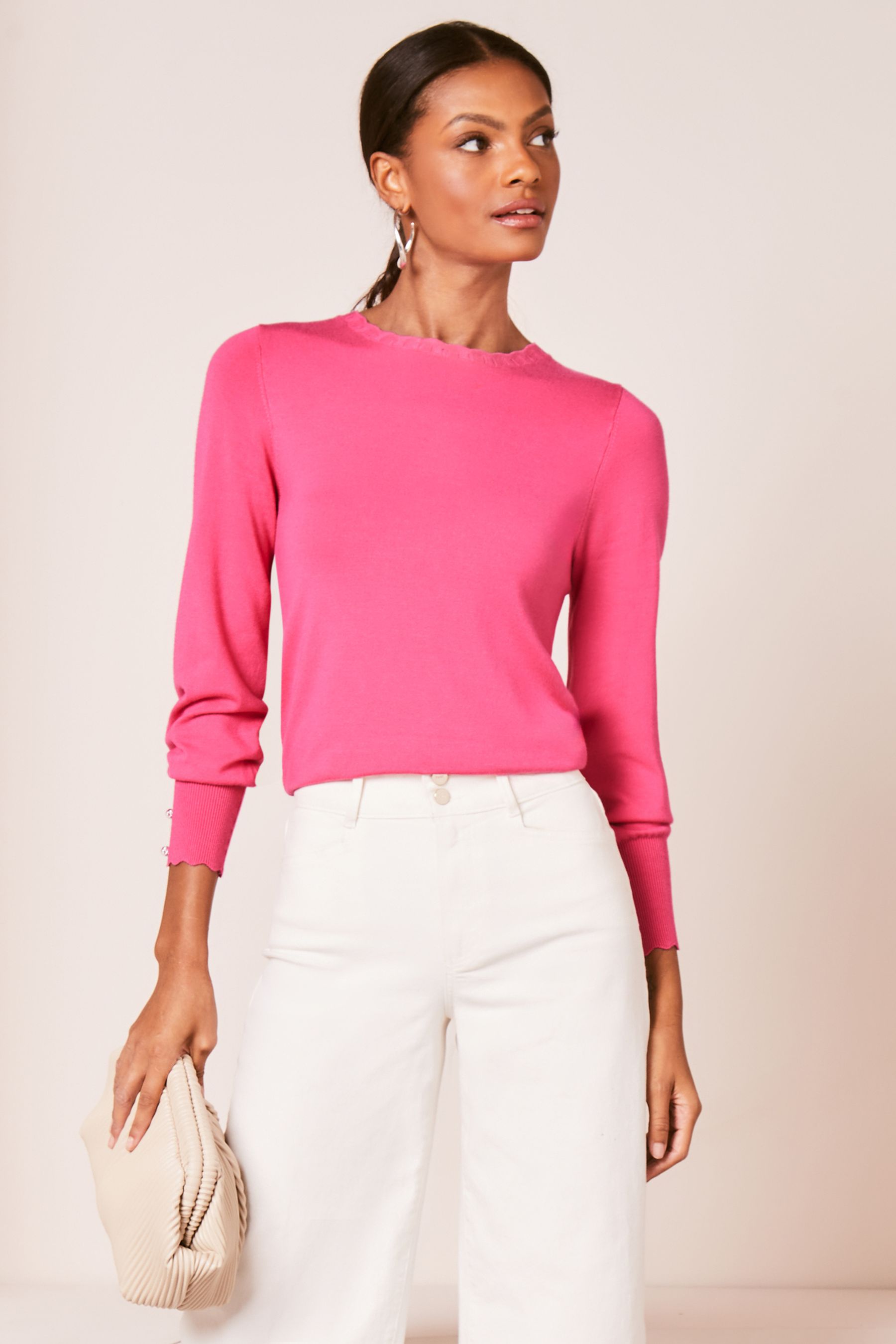 Buy Lipsy Hot Pink Long Sleeve Scallop Detail Knitted Jumper from Next Luxembourg