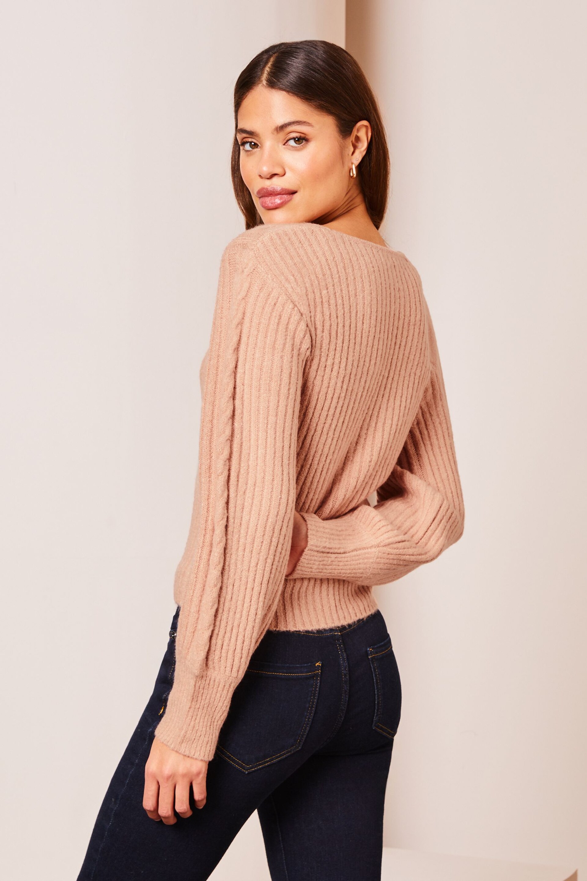 Lipsy Pale Pink Petite V Neck Cable Knitted Jumper - Image 2 of 4