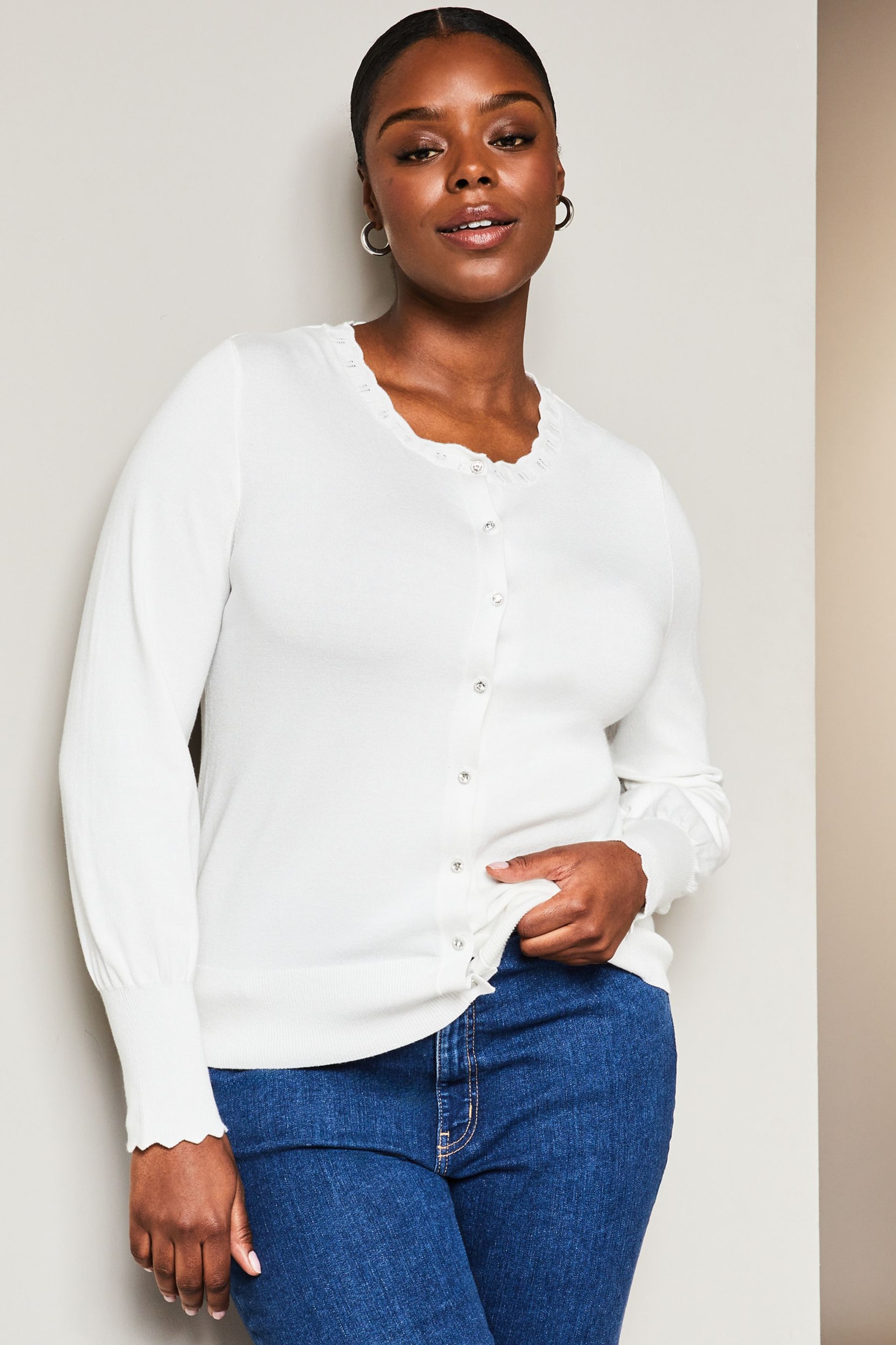 Lipsy Ivory White Curve Scallop Detail Crew Neck Button Through Cardigan - Image 1 of 4