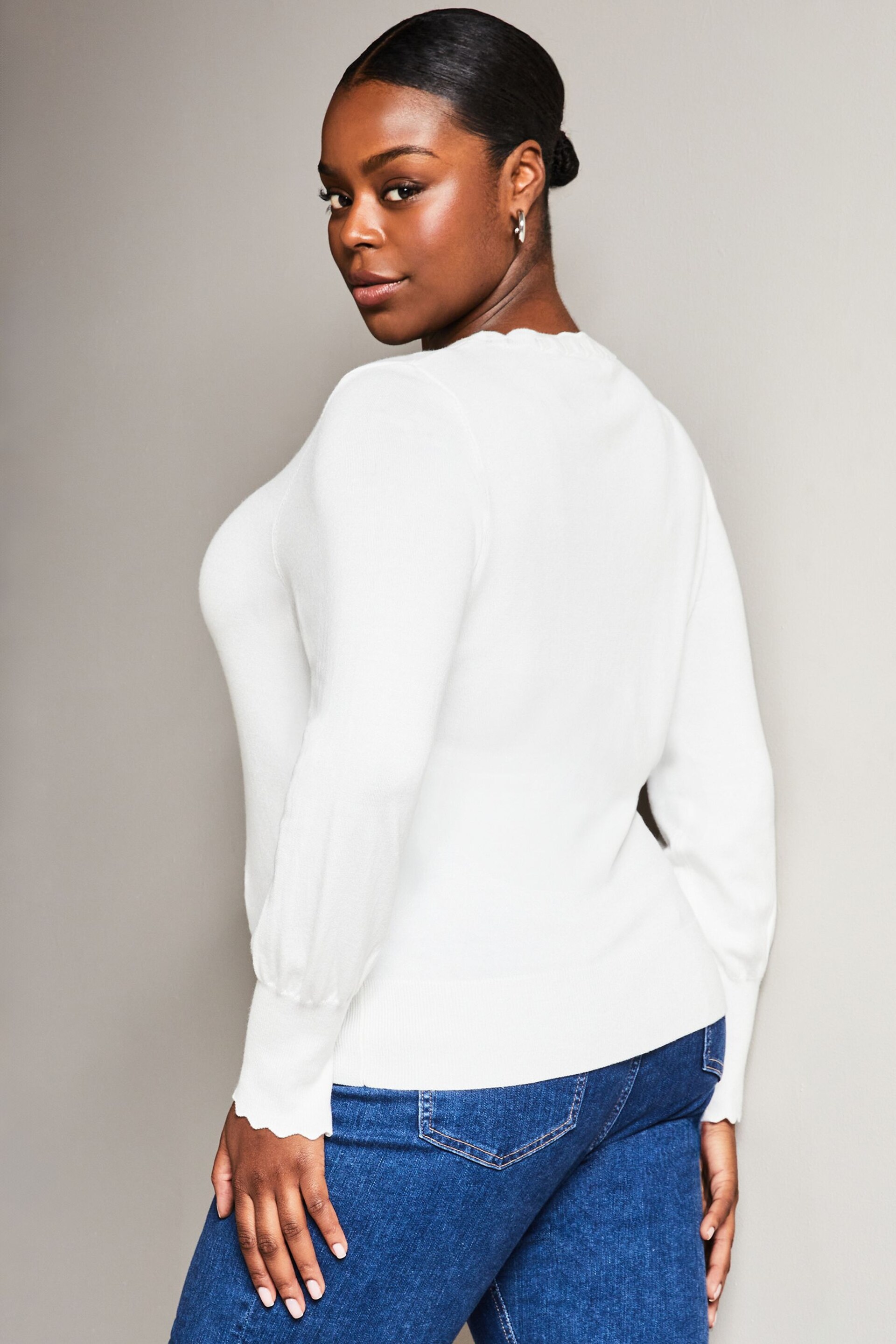 Lipsy Ivory White Curve Scallop Detail Crew Neck Button Through Cardigan - Image 2 of 4