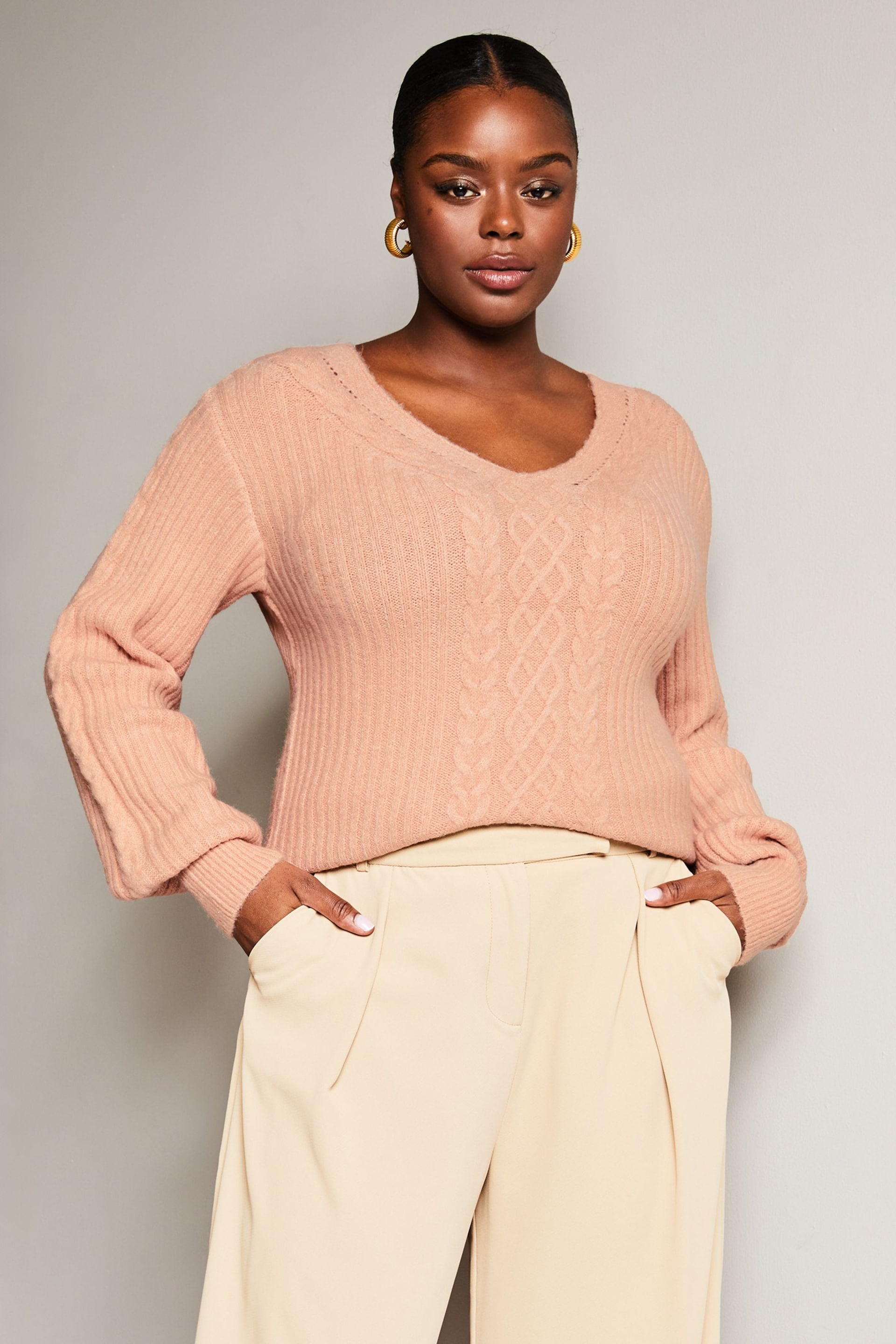 Lipsy Pale Pink Curve V Neck Cable Knitted Jumper - Image 1 of 4