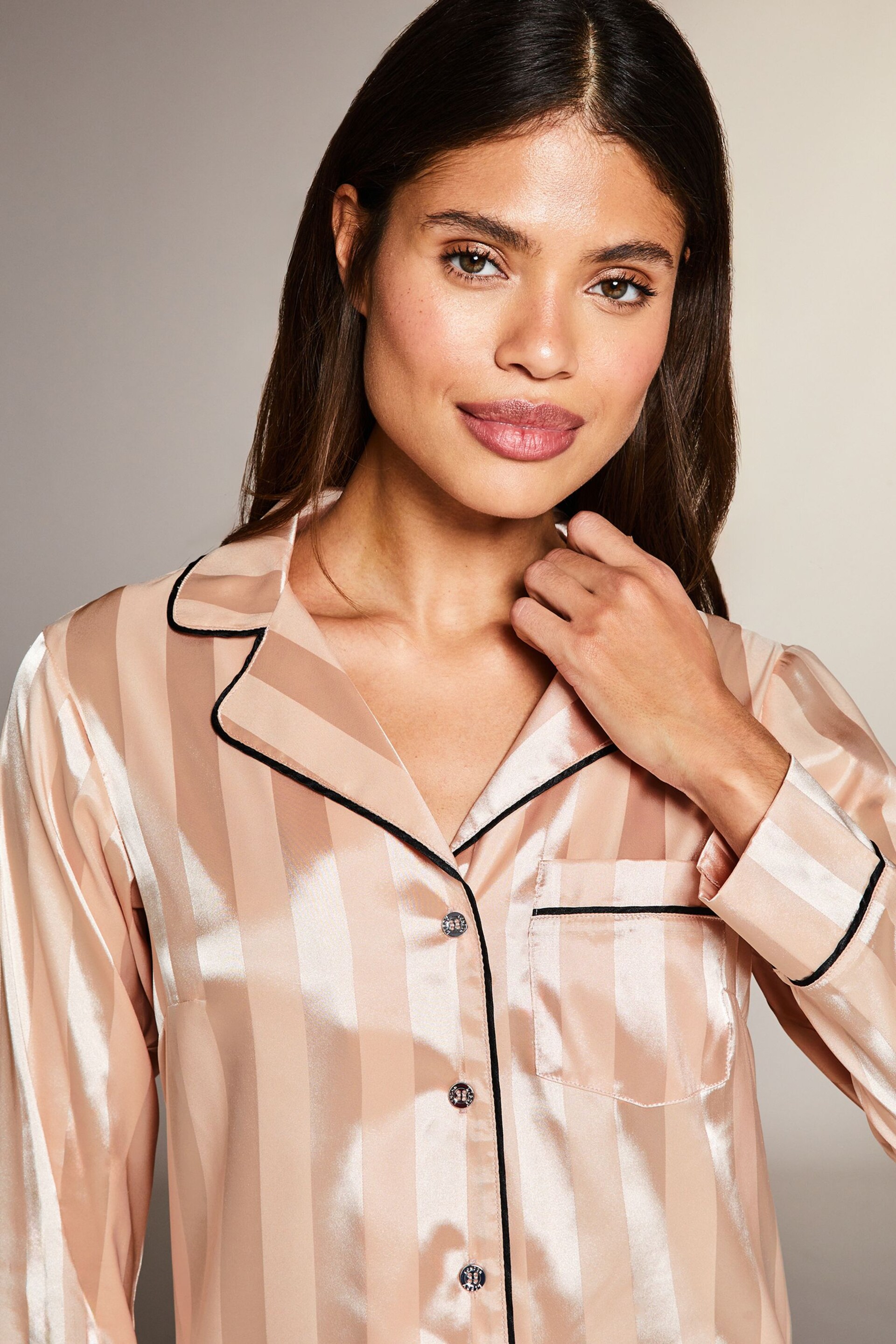 Lipsy Neutral Stripe Petite Printed Satin Long Sleeve Pyjamas - Image 4 of 4