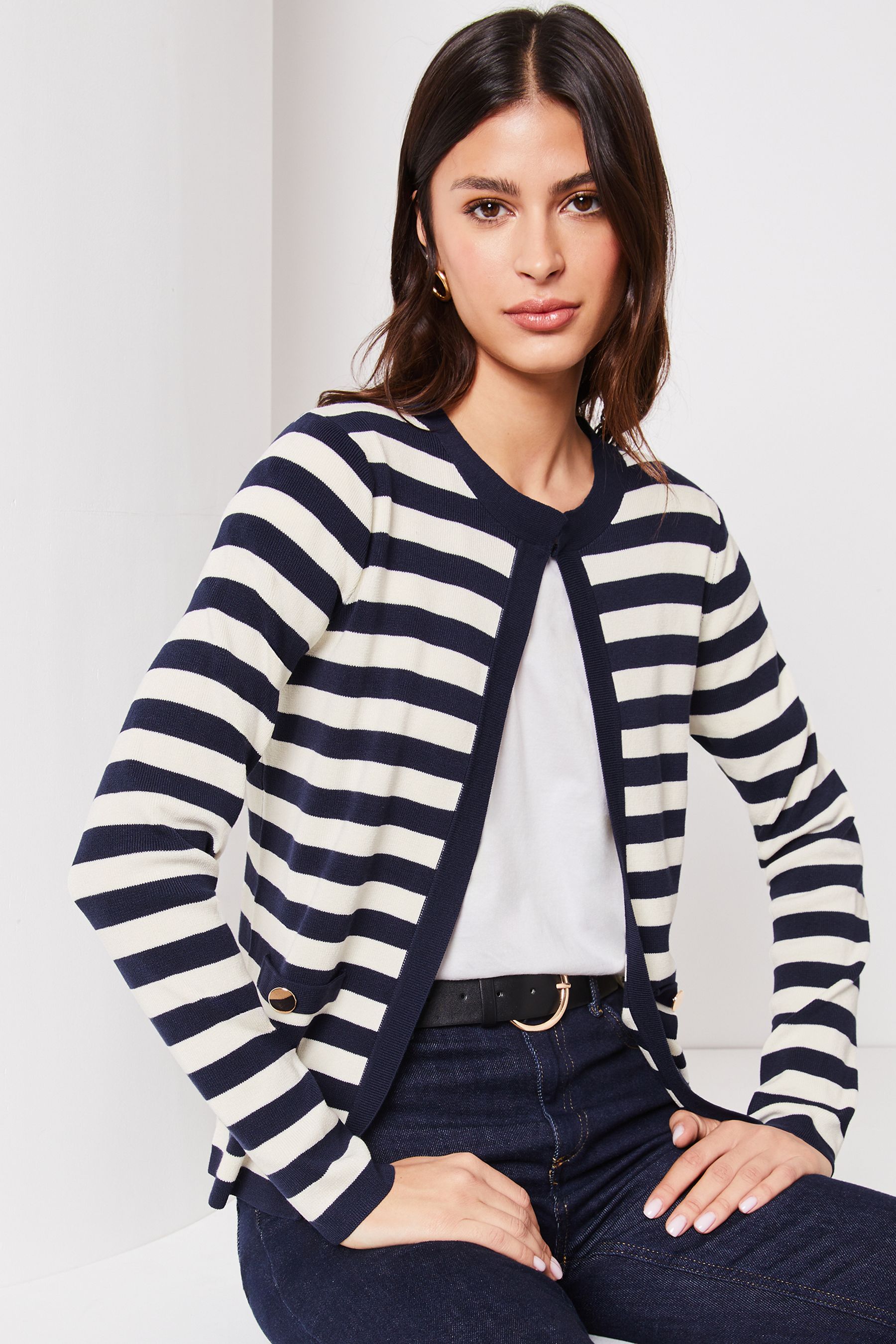 Buy Lipsy Navy Blue Stripe Long Sleeve Crew Neck Cardigan from Next Luxembourg