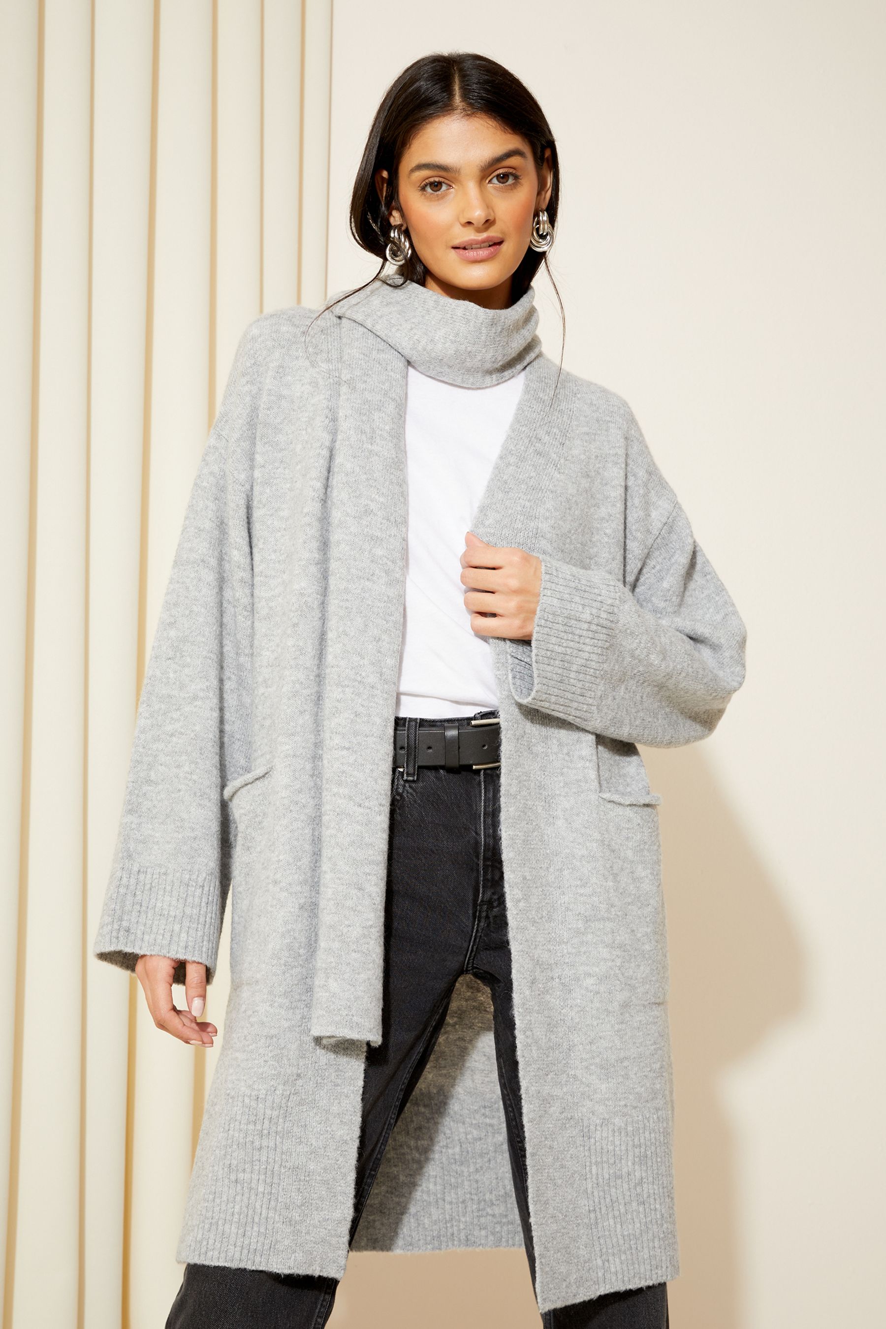 Buy Friends Like These Grey Cosy Longline Detachable Scarf Cardigan from Next Luxembourg