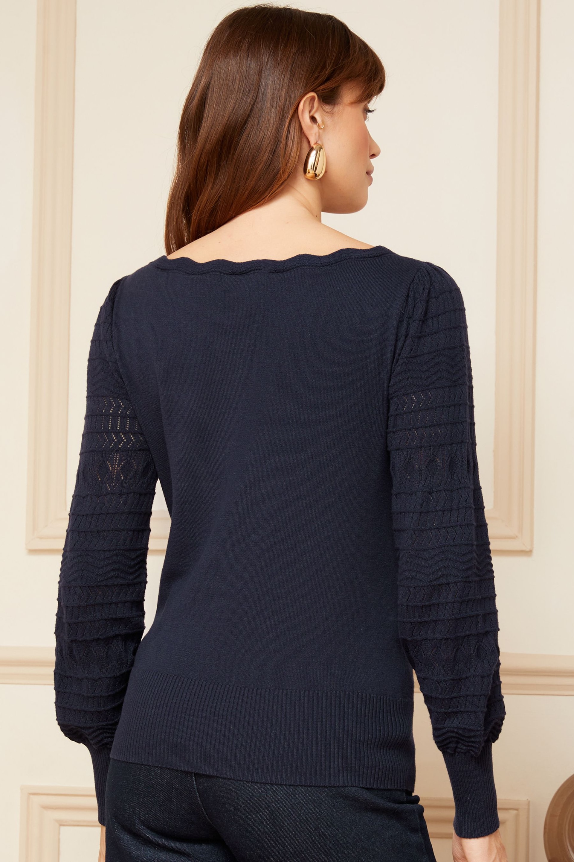 Love & Roses Navy Blue Petite Pointelle Knit Scallop Neck Jumper - Image 3 of 4