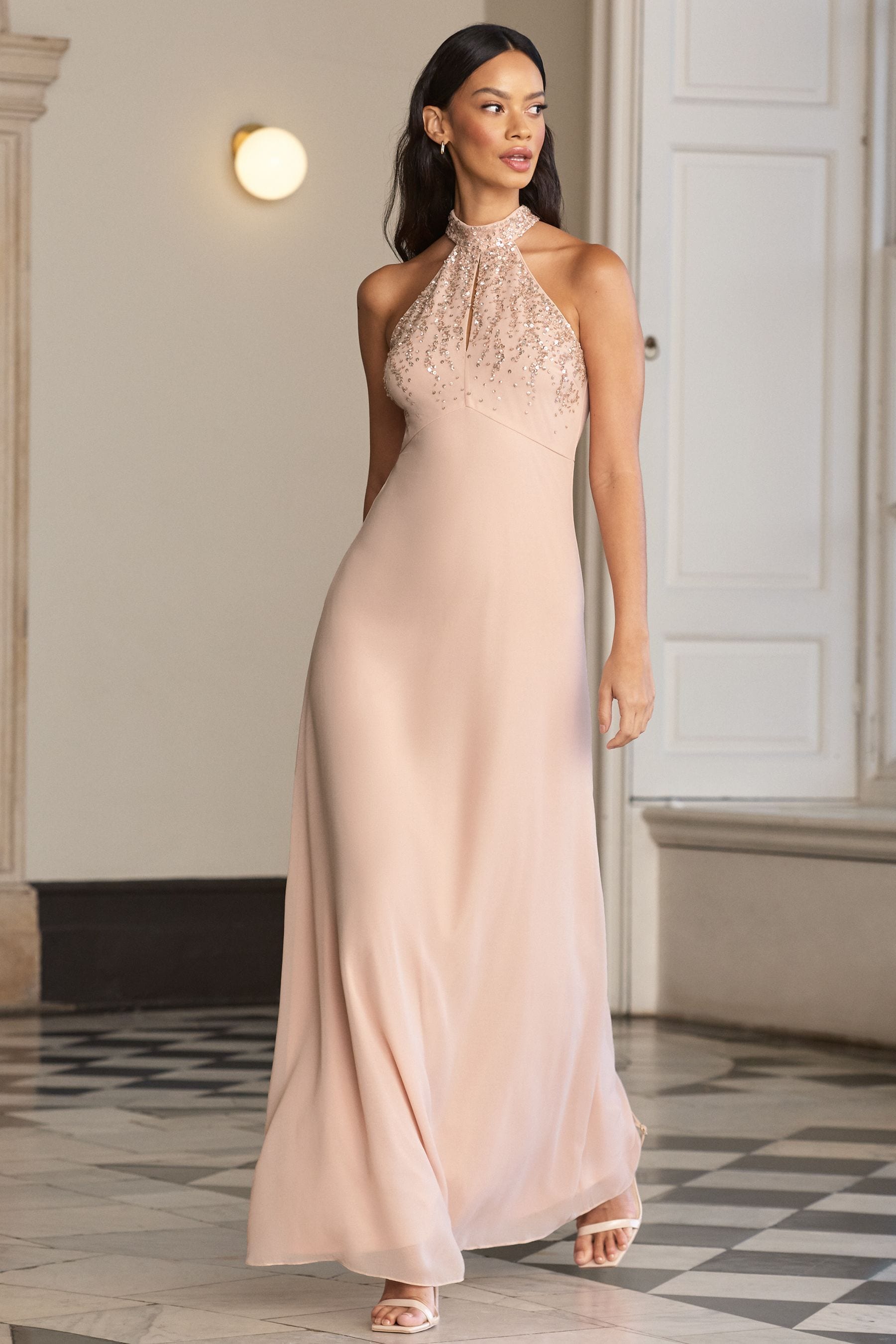 Buy Lipsy Blush Pink Bridesmaid Halterneck Embellished Keyhole Maxi Dress from Next Luxembourg