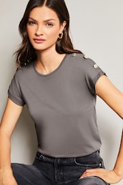 Lipsy Grey Button Round Neck T-Shirt - Image 1 of 4
