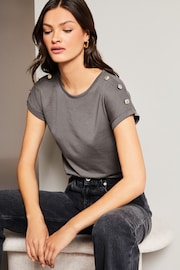Lipsy Grey Button Round Neck T-Shirt - Image 3 of 4
