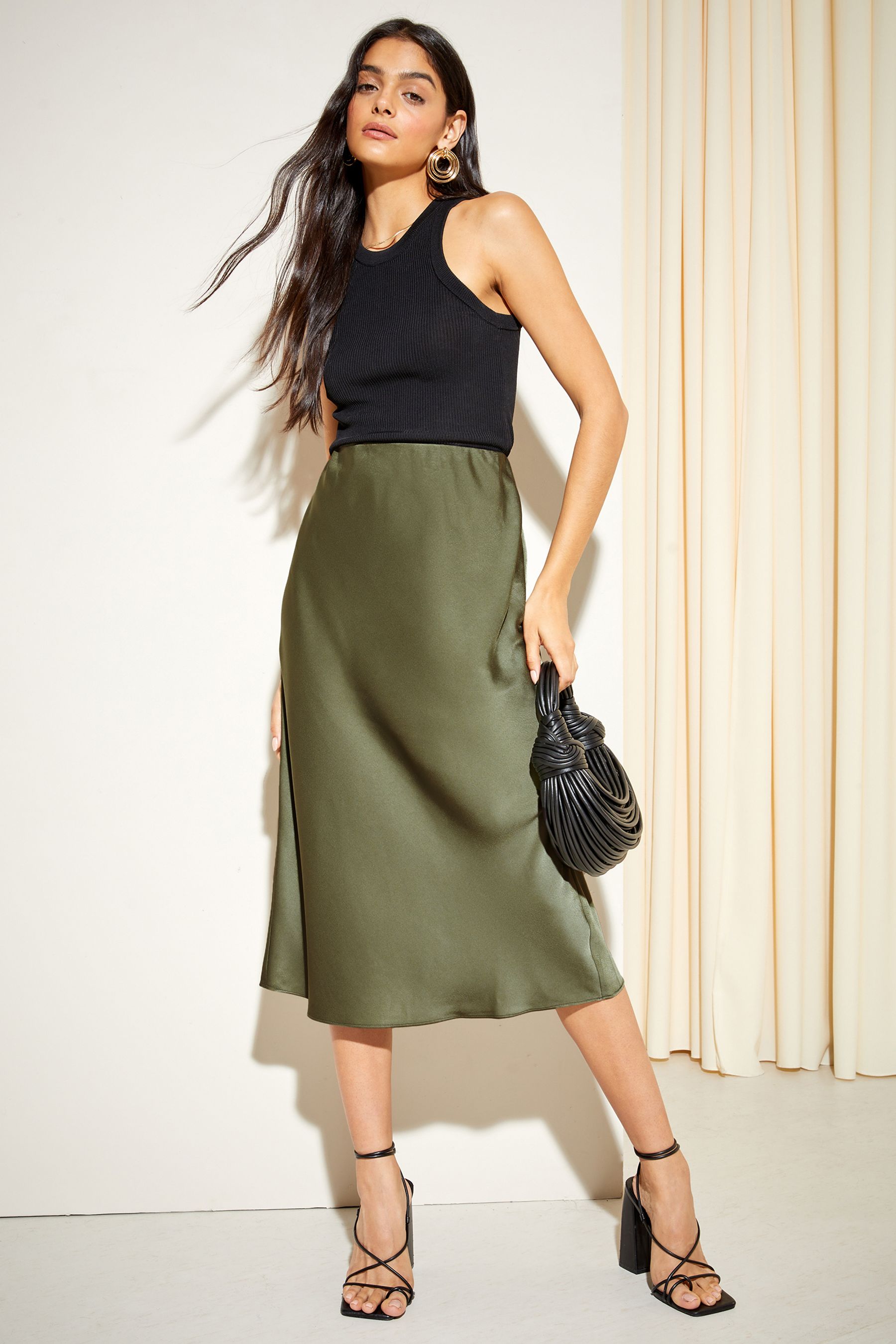 Buy Friends Like These Green Olive Petite Satin Bias Midi Skirt from Next Luxembourg