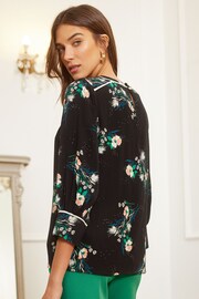 Love & Roses Black Floral Printed Tipped 3/4 Sleeve Keyhole Blouse - Image 3 of 4