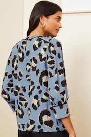 Love & Roses Blue Animal Printed Tipped 3/4 Sleeve Keyhole Blouse - Image 3 of 4