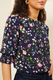 Love & Roses Navy Printed Lace Trim Flute Sleeve Blouse - Image 2 of 4