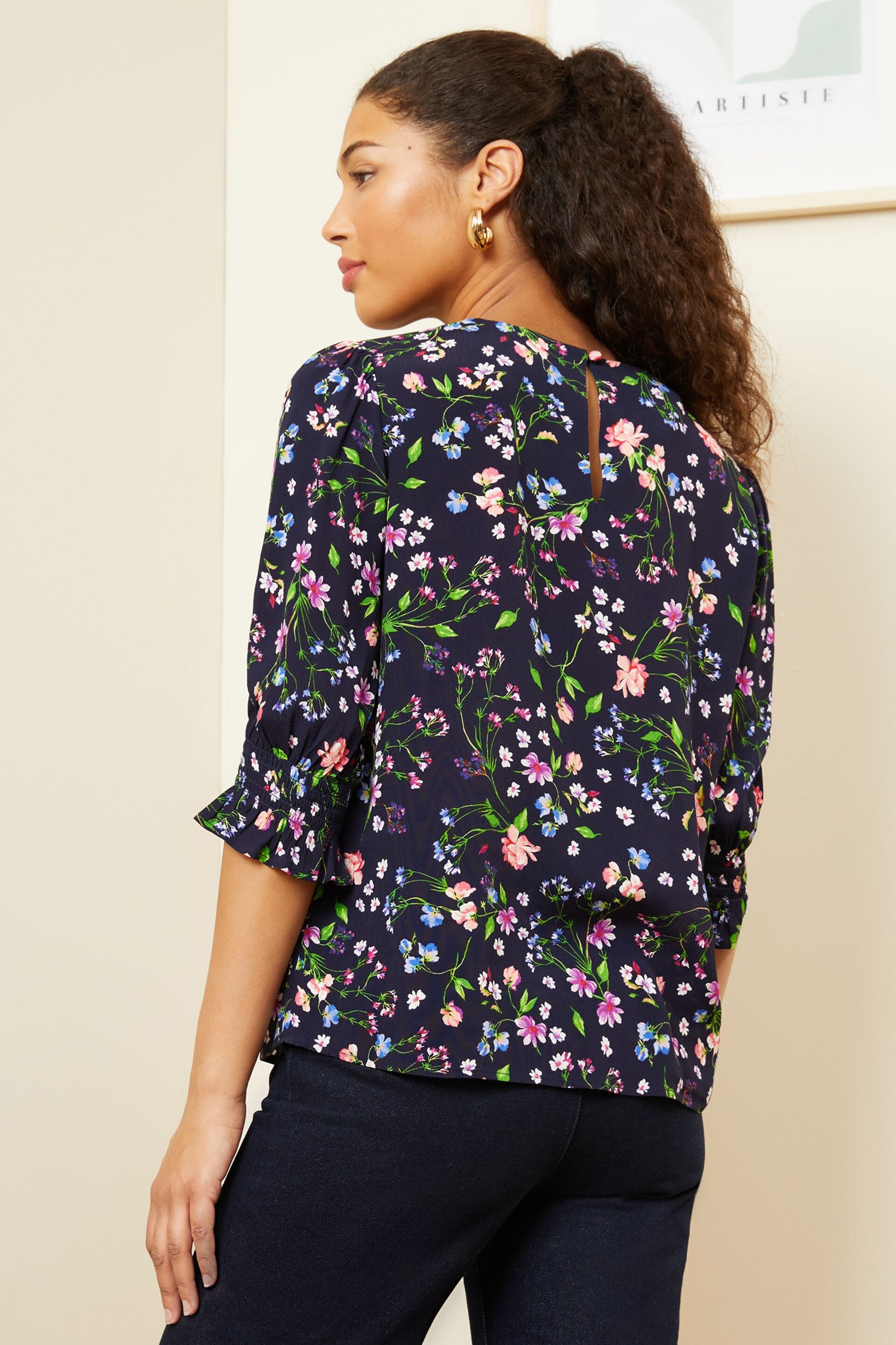 Love & Roses Navy Printed Lace Trim Flute Sleeve Blouse - Image 3 of 4