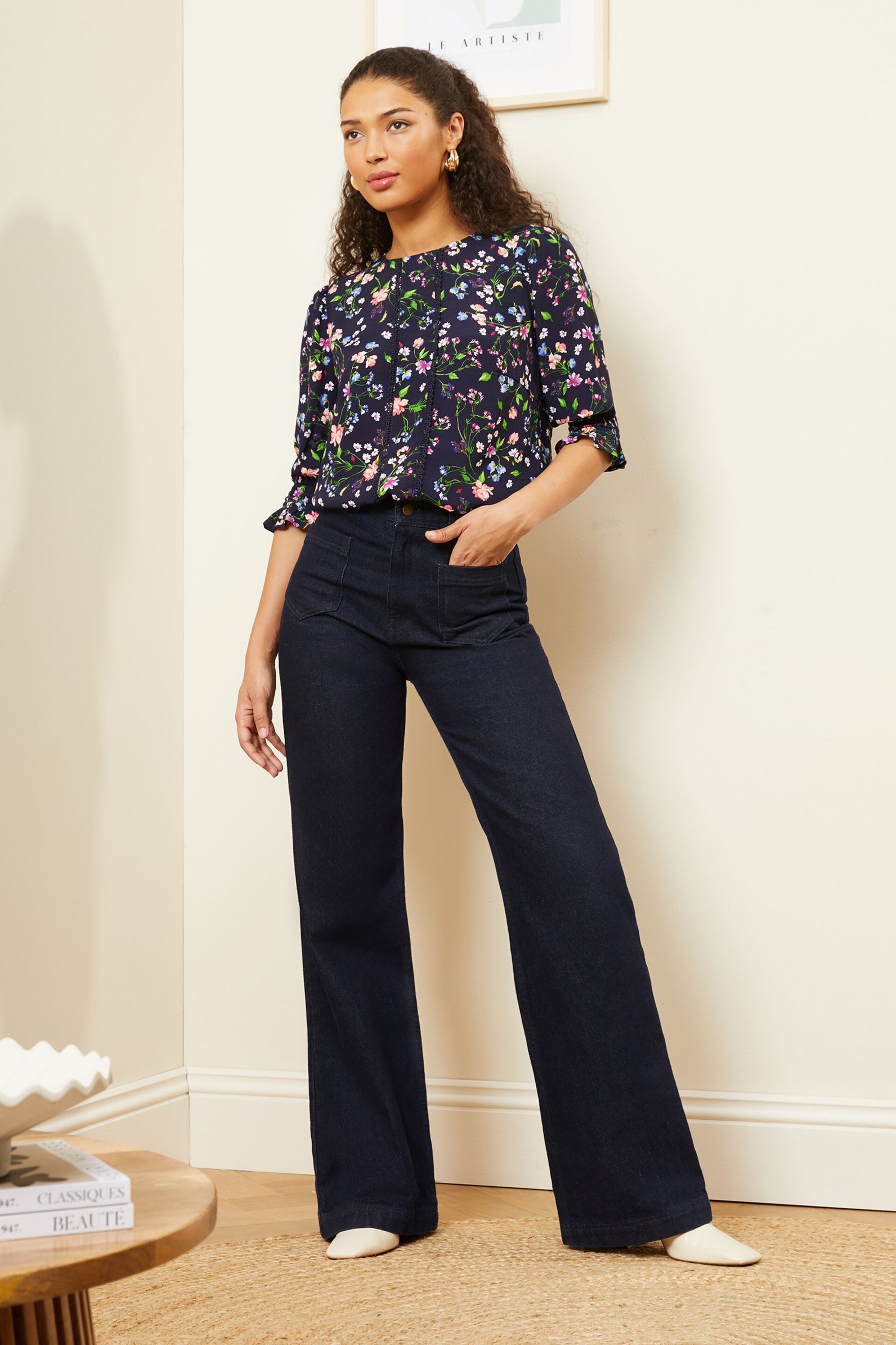 Love & Roses Navy Printed Lace Trim Flute Sleeve Blouse - Image 4 of 4