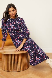 Love & Roses Navy Blue Animal Petite Empire Bust Round Neck Puff Sleeve Midi Dress - Image 3 of 4