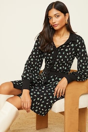 Love & Roses Black Floral Jersey Long Sleeve Mini Shirt Dress - Image 1 of 4