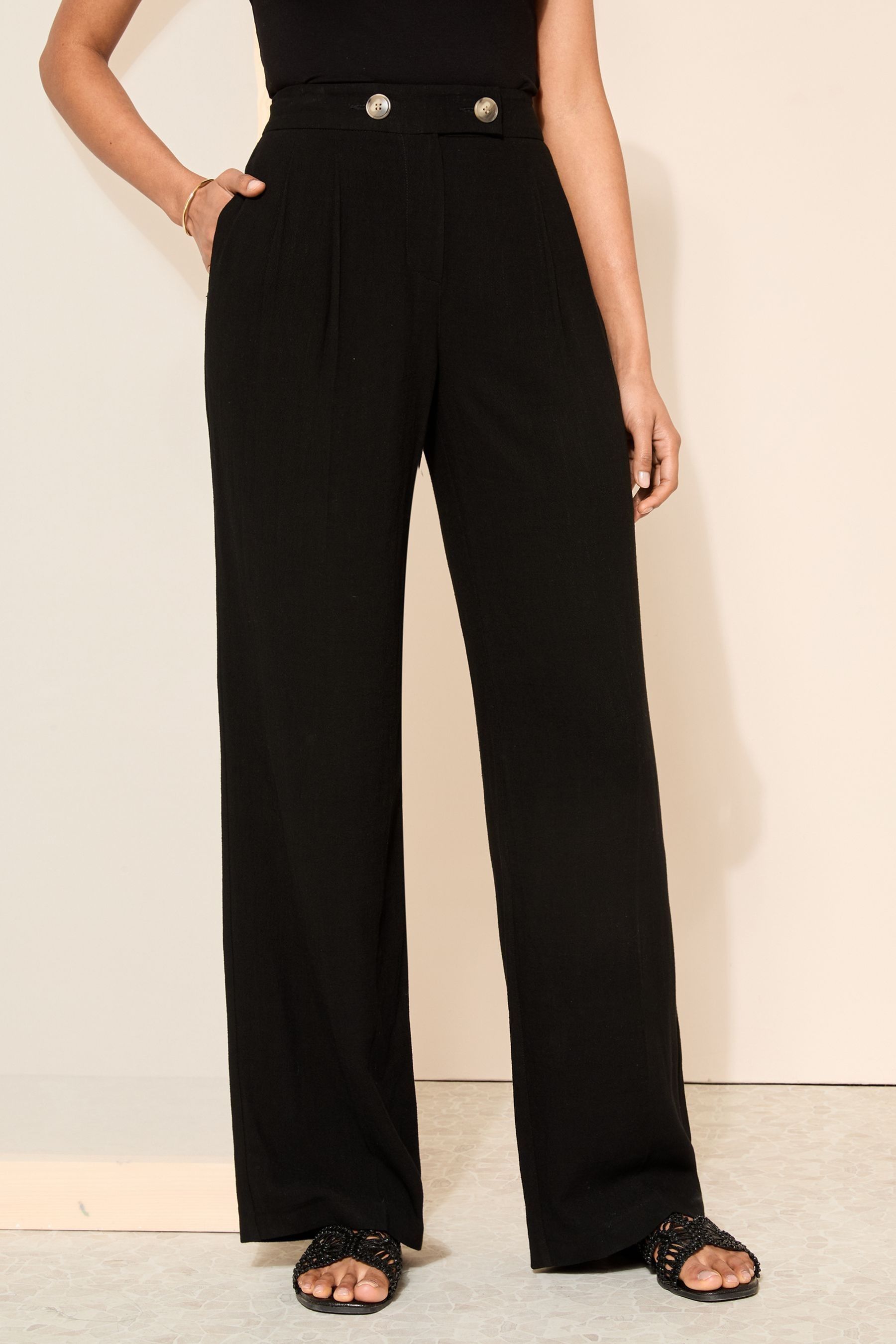 Buy Friends Like These Black Petite Wide Leg Trousers With Linen from the Next UK online shop