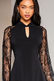 Lipsy Black Mesh Lace Long Sleeve Keyhole Belted Mini Dress - Image 4 of 4