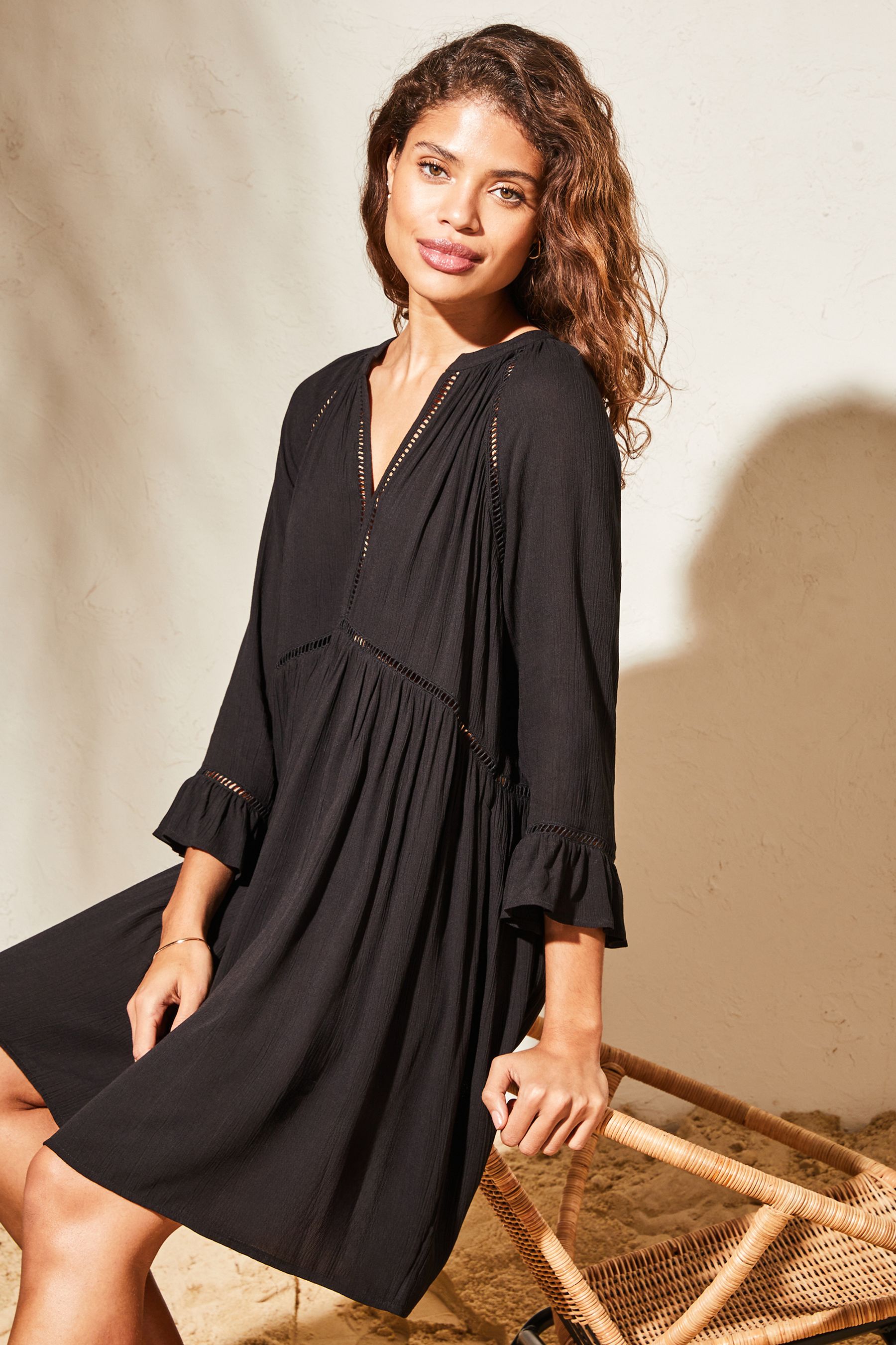 Buy Lipsy Black Long Sleeve V Neck Crinkle Smock Summer Mini Dress from Next Luxembourg