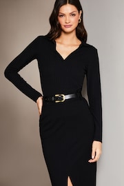 Lipsy Black Petite Collared V Neck Rib Long Sleeve Top - Image 4 of 4