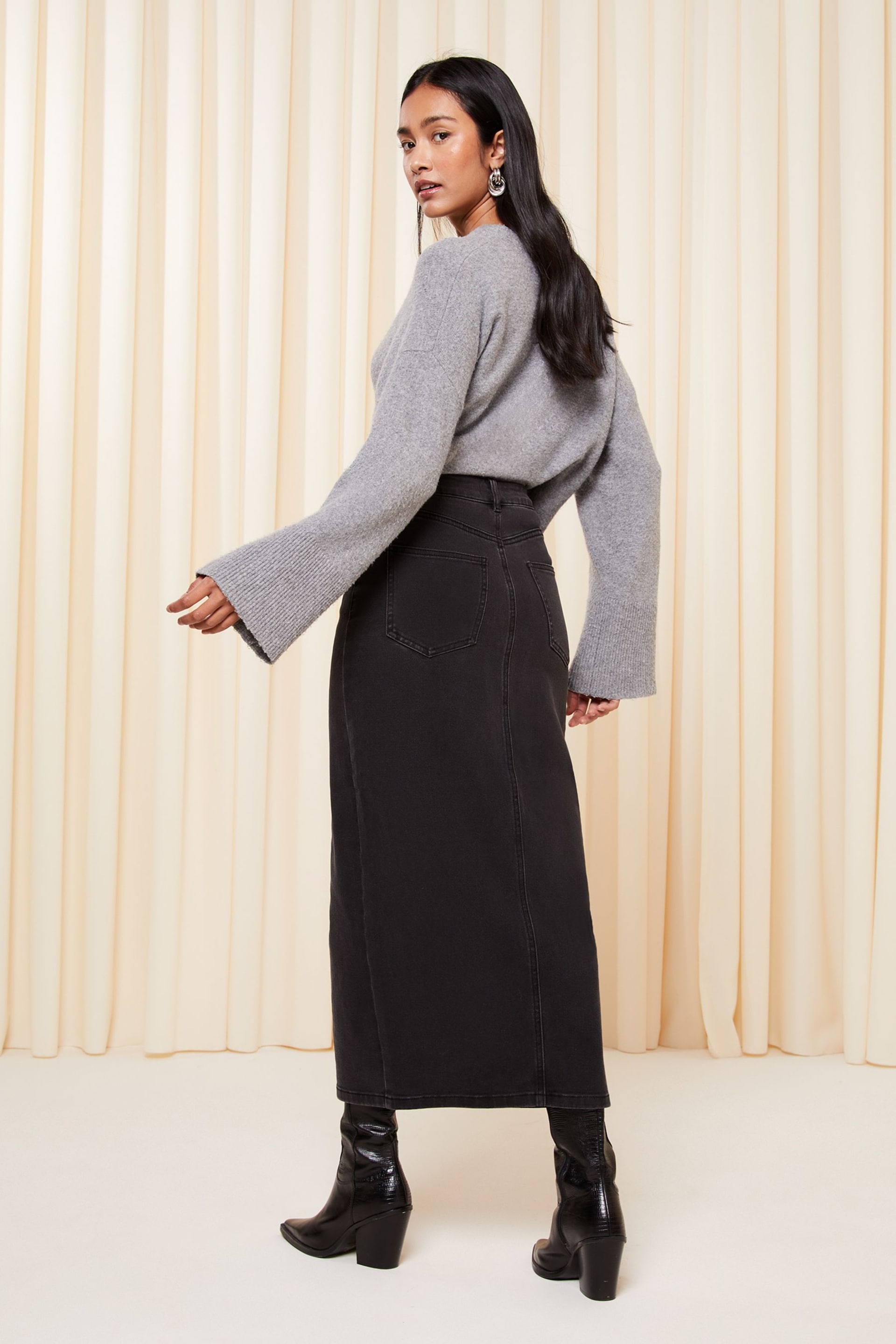Friends Like These Black Denim Split Front Midaxi Skirt - Image 2 of 4