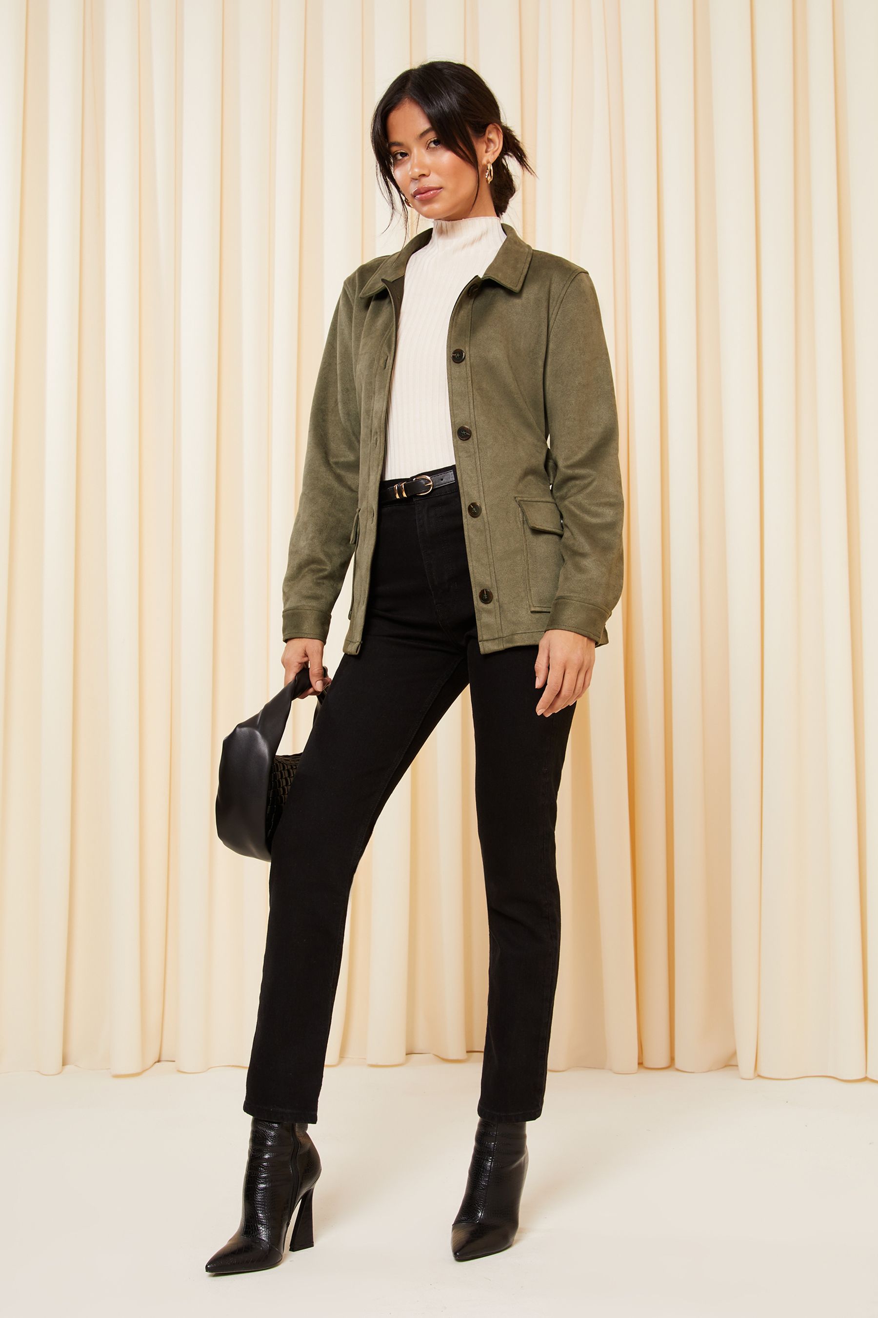 Friends Like These Khaki Green Faux Suede Belted Shirt Jacket