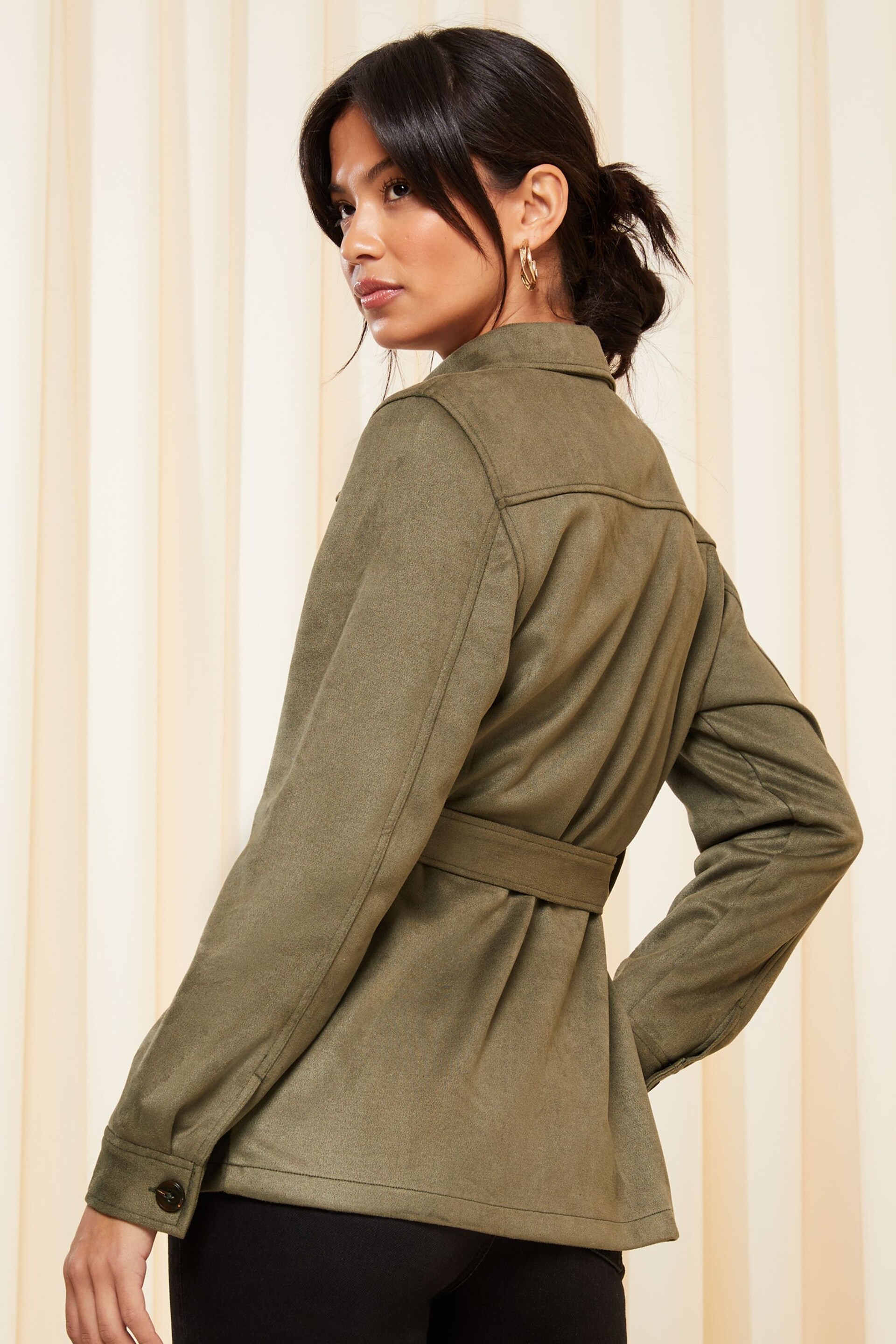Friends Like These Khaki Green Faux Suede Belted Shirt Jacket - Image 4 of 4