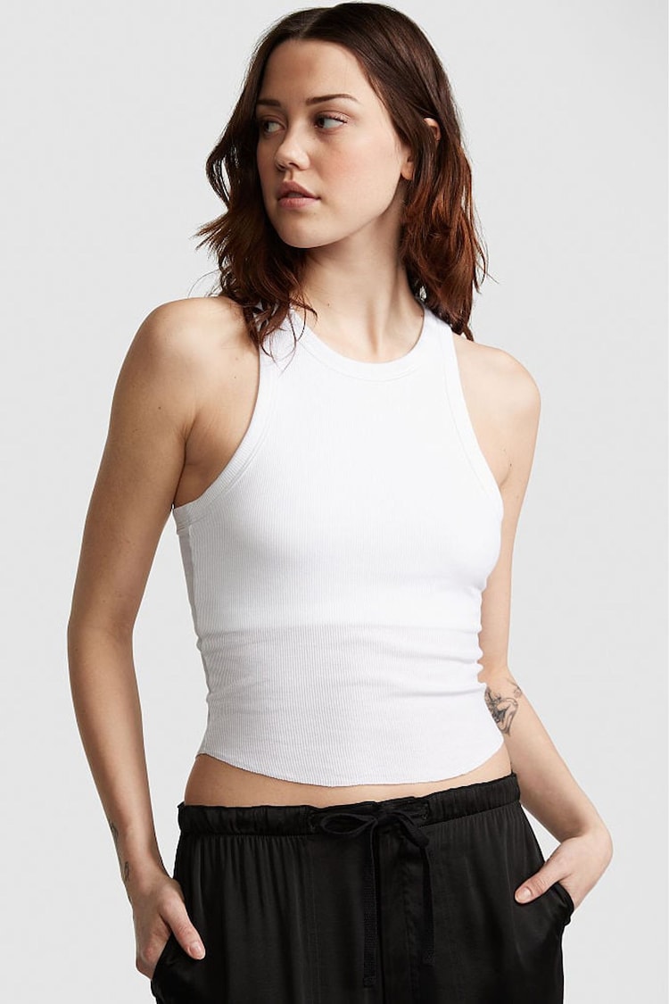 Victoria's Secret PINK Optic White High Neck Shrunken Rib Tank Top - Image 1 of 3