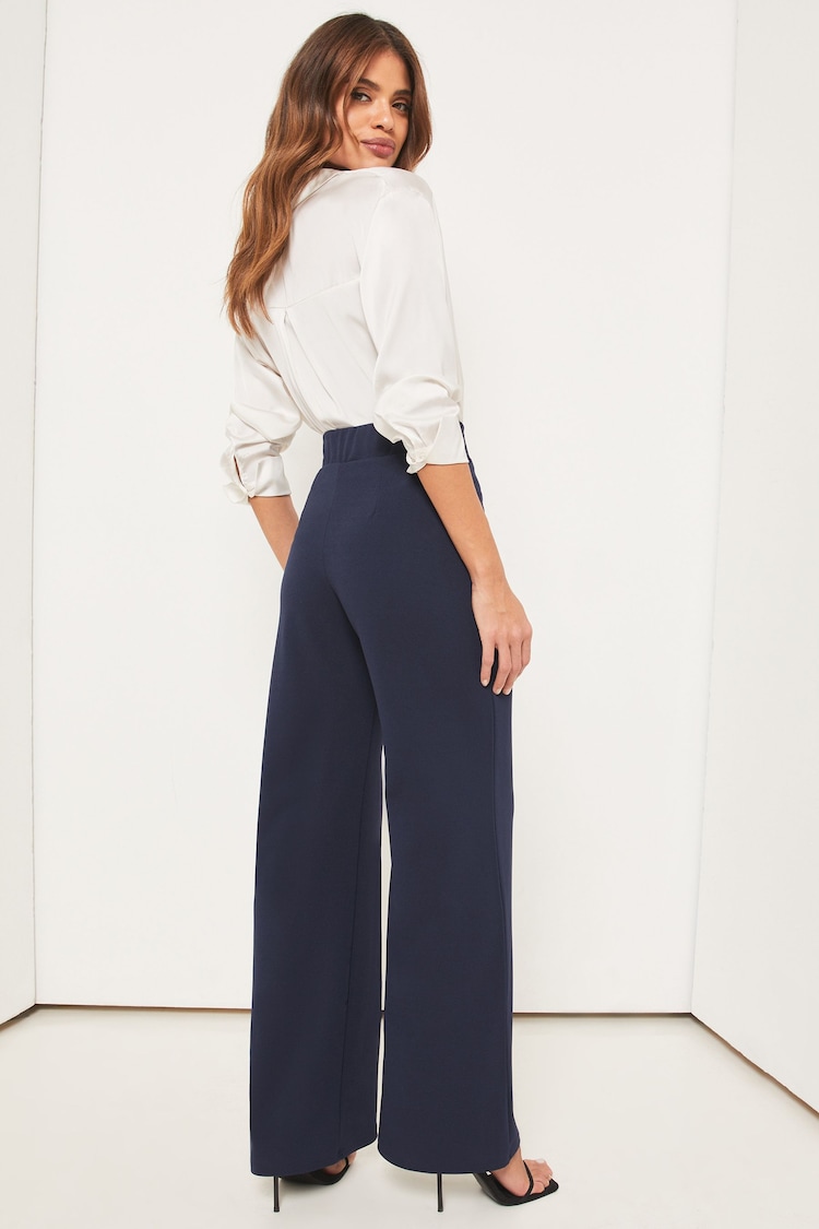 Lipsy Navy Blue Twill Petite High Waist Wide Leg Tailored Trousers - Image 2 of 4