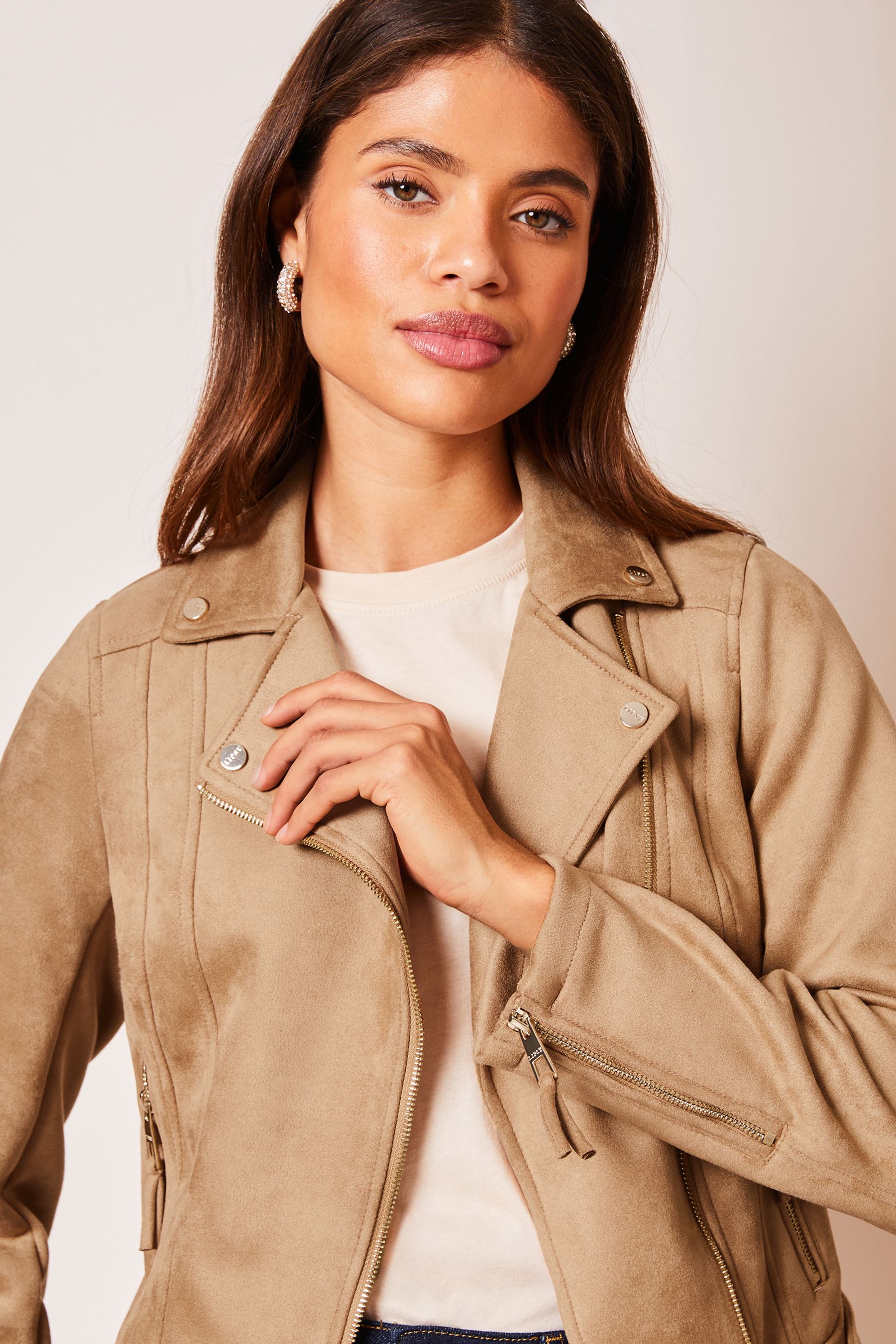 Buy Lipsy Camel Petite Suedette Biker Jacket from Next Oman