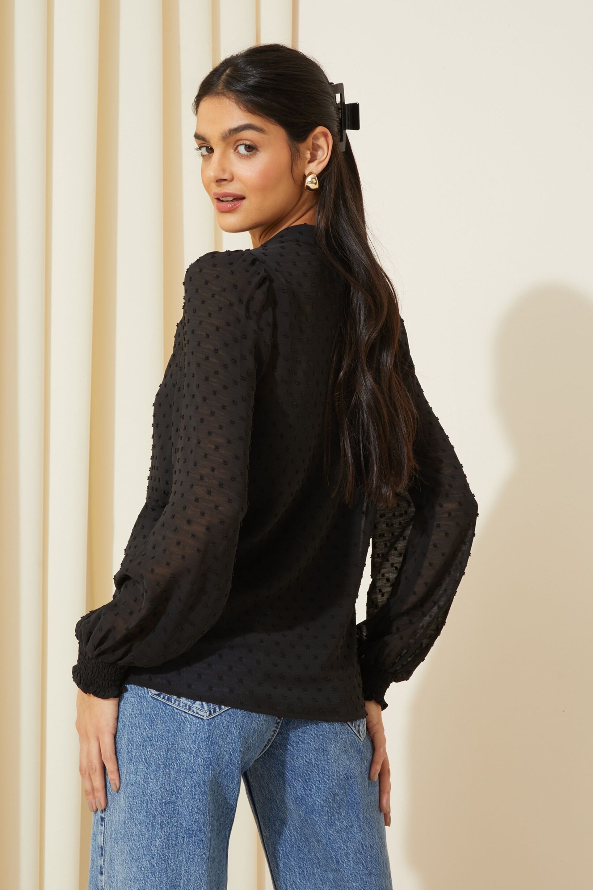 Friends Like These Black Long Sleeve Grandad Collar Dobby Blouse - Image 4 of 4