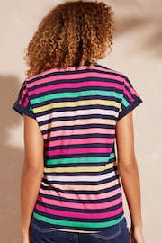 Love & Roses Navy Blue Rainbow Stripe Jersey V Neck Woven Trim Short Sleeve T-Shirt - Image 2 of 4