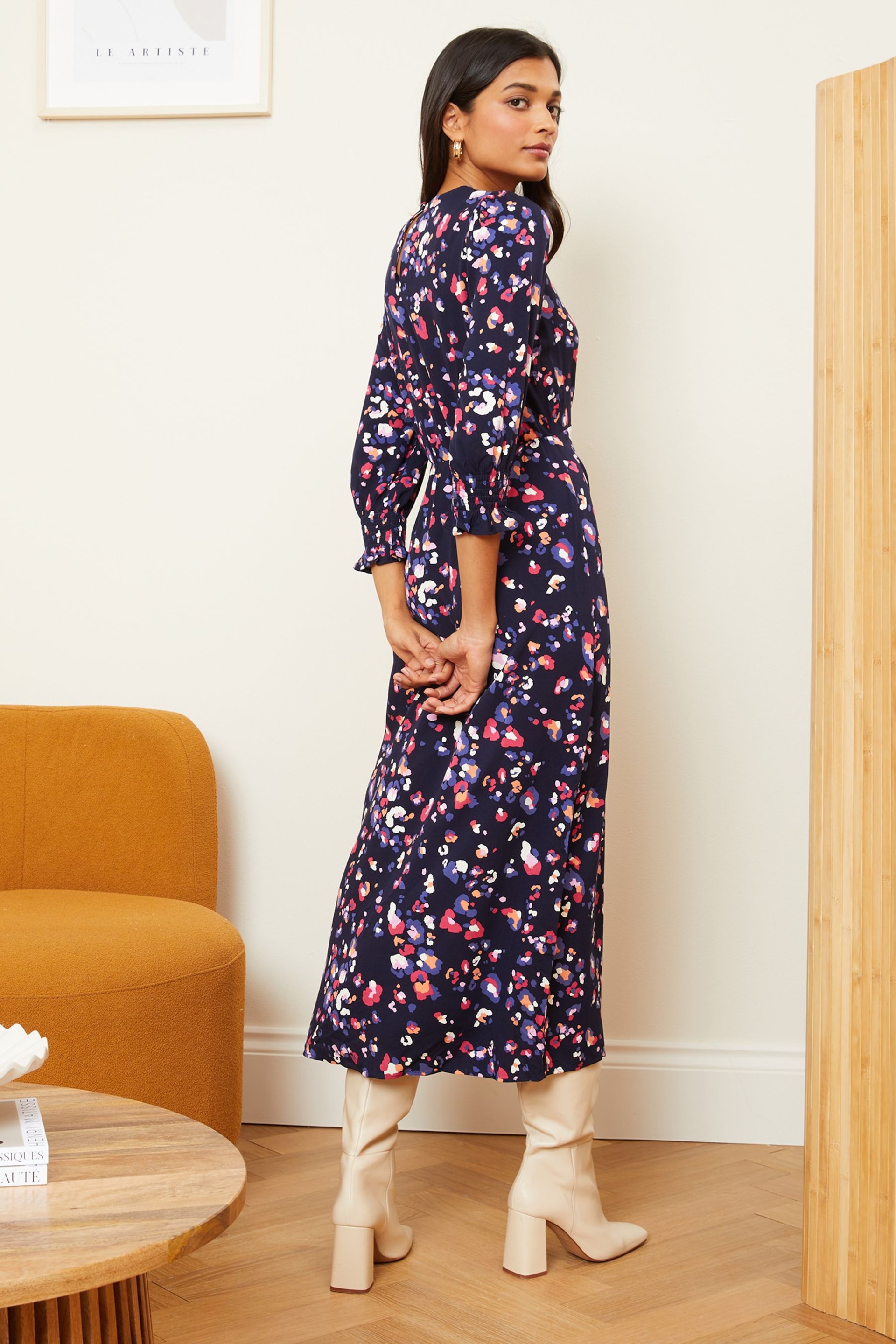 Love & Roses Navy Blue Animal Empire Bust Round Neck Puff Sleeve Midi Dress - Image 3 of 4