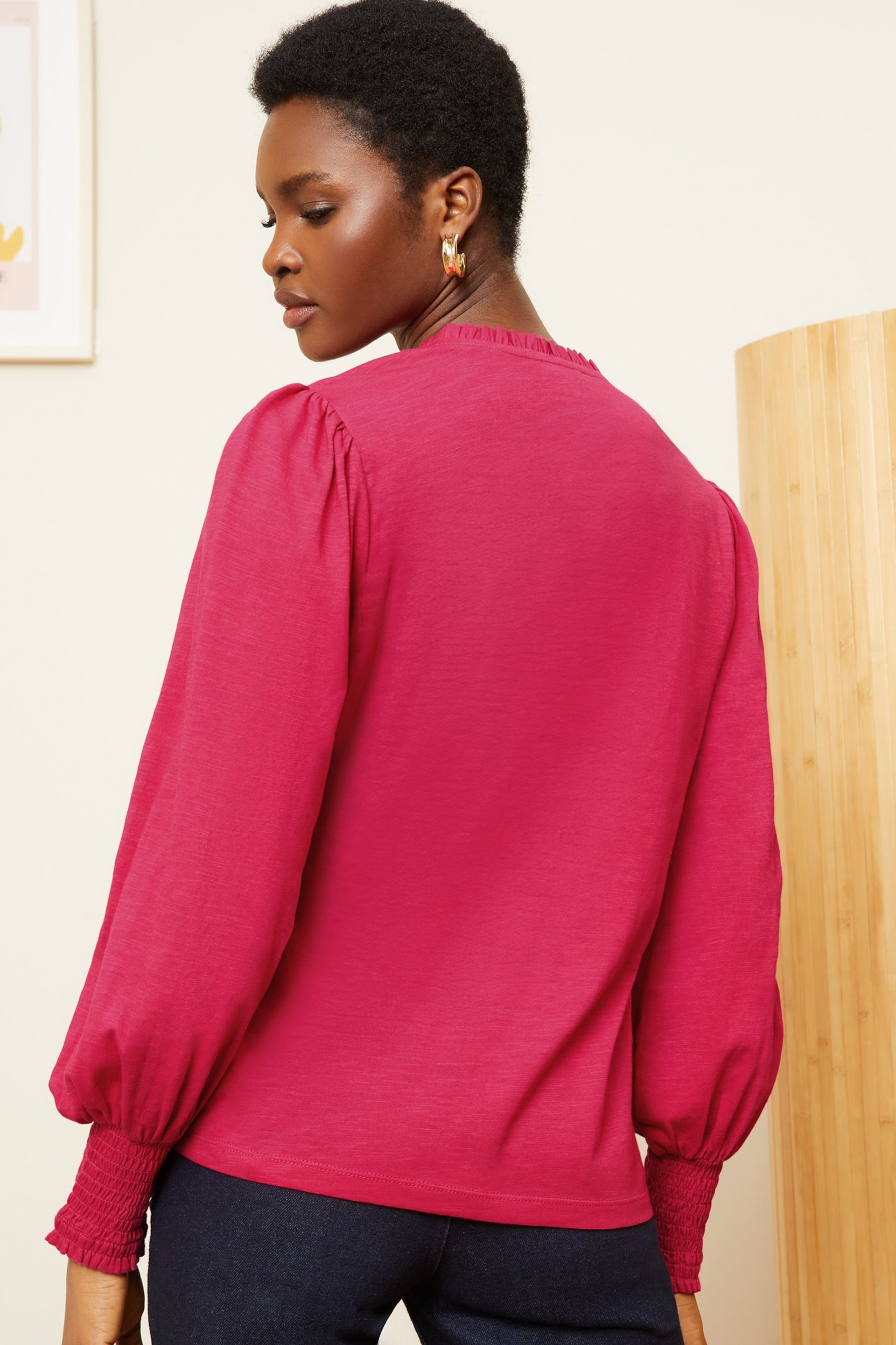 Love & Roses Pink V Neck Long Puff Sleeve Jersey Blouse - Image 2 of 4