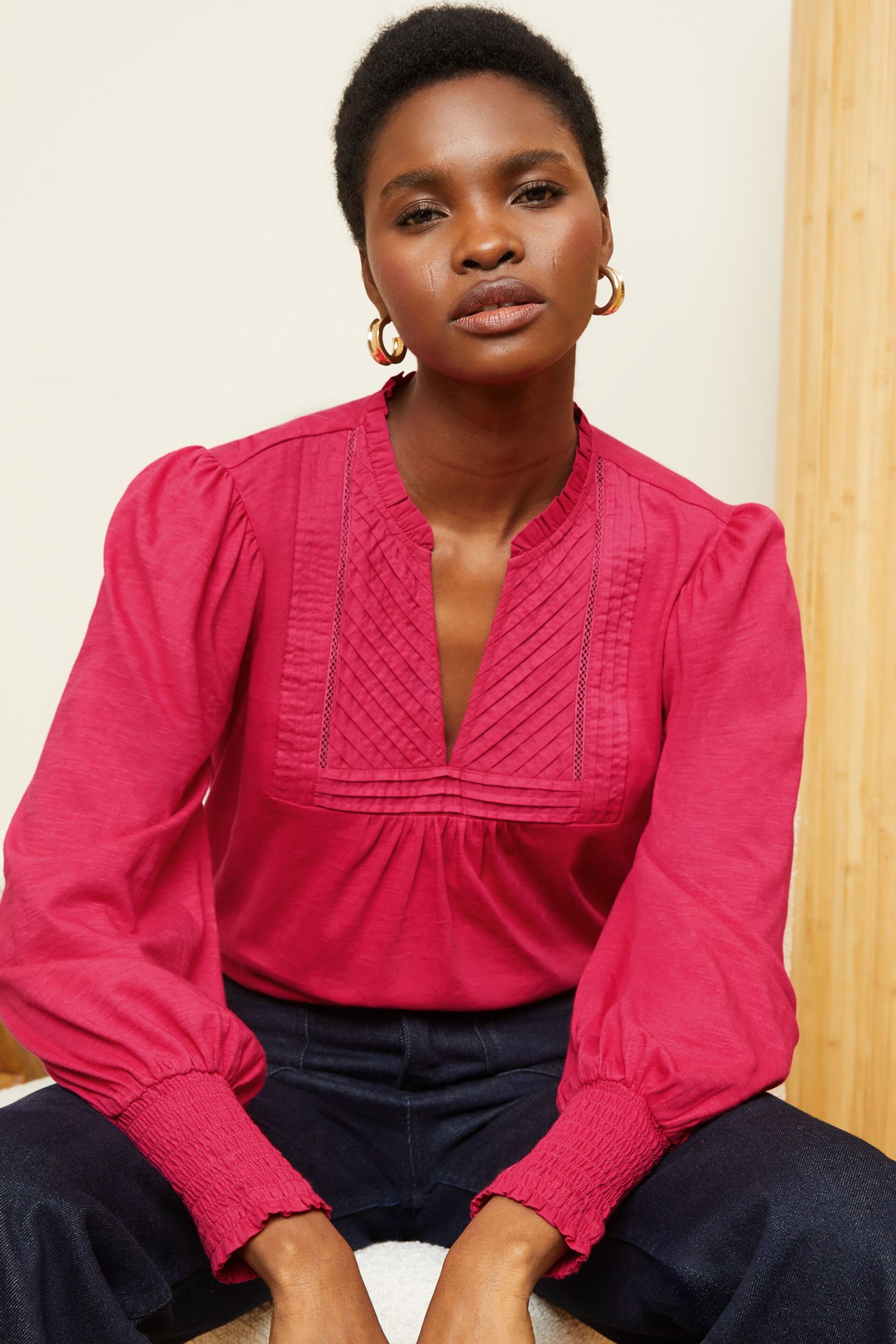 Love & Roses Pink V Neck Long Puff Sleeve Jersey Blouse - Image 3 of 4