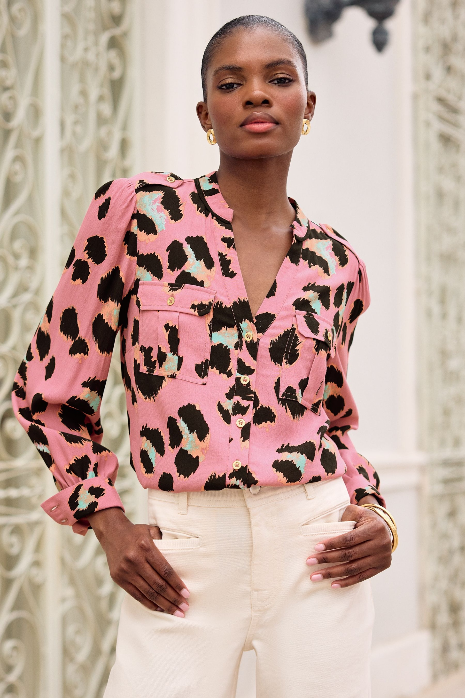 Love & Roses Pink Animal V Neck Utility Button Through Shirt - Image 1 of 4