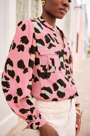 Love & Roses Pink Animal V Neck Utility Button Through Shirt - Image 2 of 4